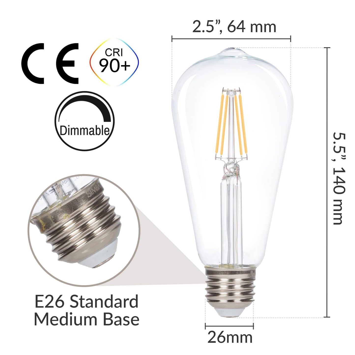 Simba Lighting LED Edison Vintage Filament ST21 4W Bulbs E26, 2700K, 6 Pack