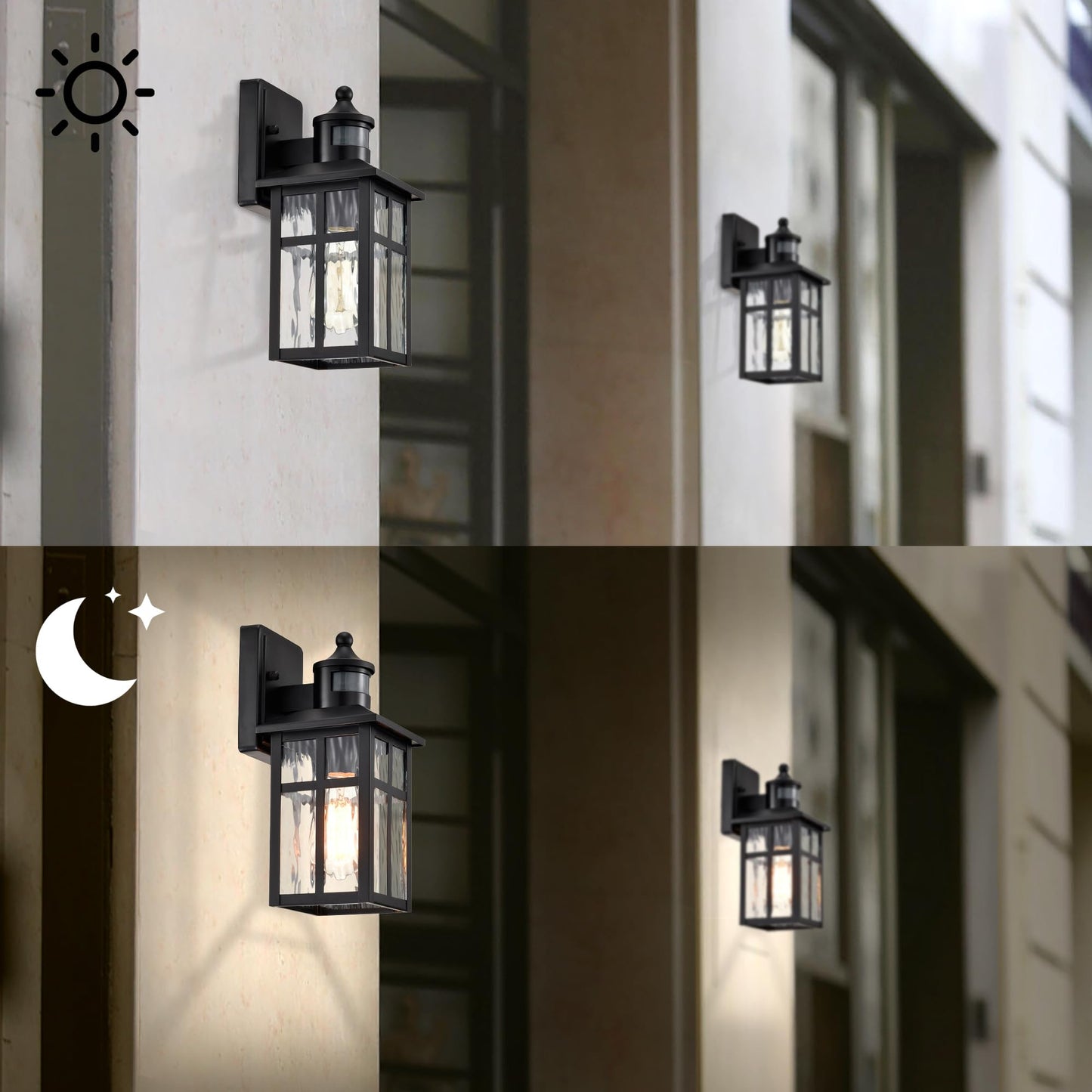 Edvivi Outdoor Wall Lights Exterior, Dusk to Dawn Motion Sensor Outdoor Lighting Fixture with Water Glass, 12 in. H 1-Light Matte Black Waterproof