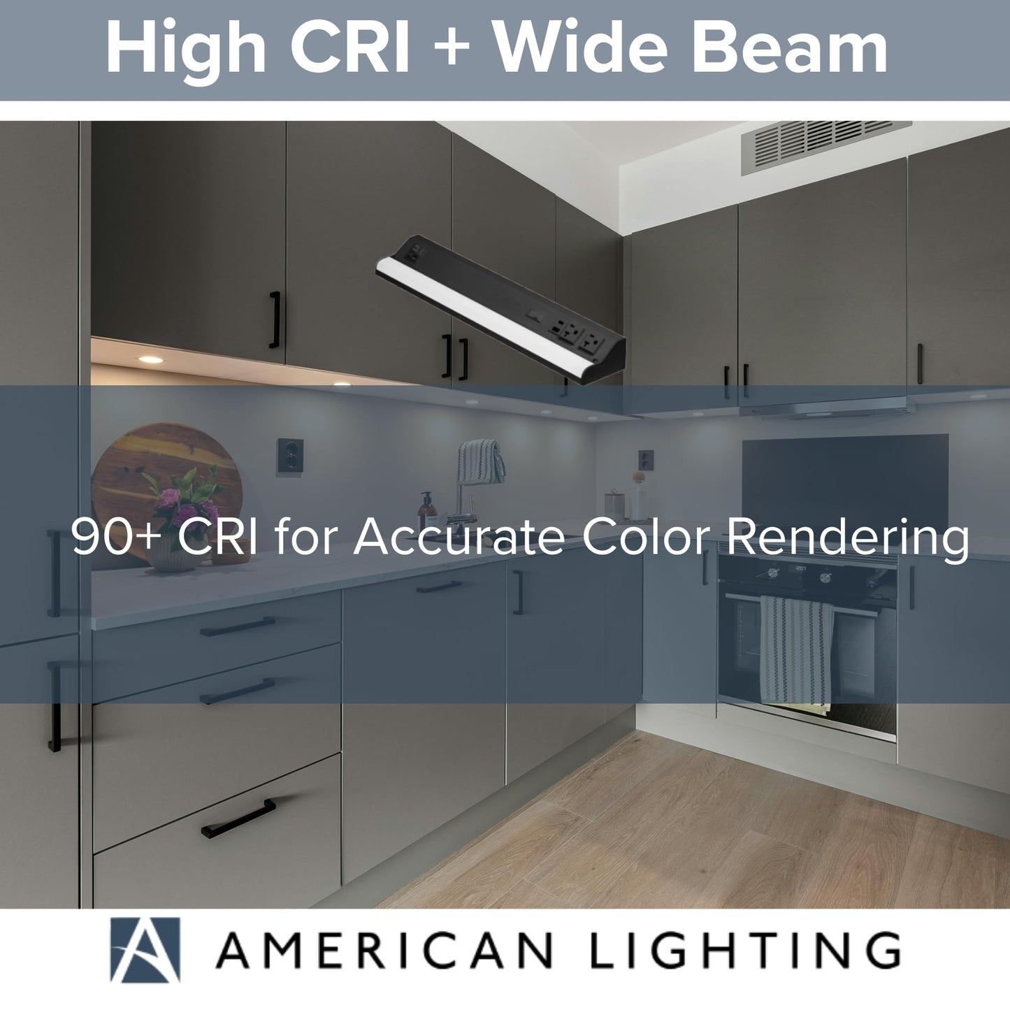 American Lighting LED Courant Plus Undercabinet Light 18 Inch 5CCT Color Selectable 90+ CRI 1000 Lumens with USB-A USB-C and 20A Receptacles Black