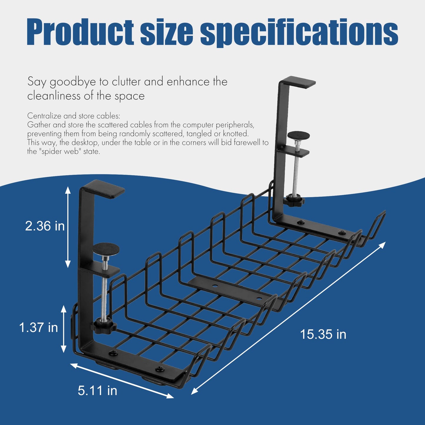 Under Desk Cable Management Tray - No Drilling, Tools-Free, Adjustable Iron Organizer, Modern Minimalist Style for Home Office
