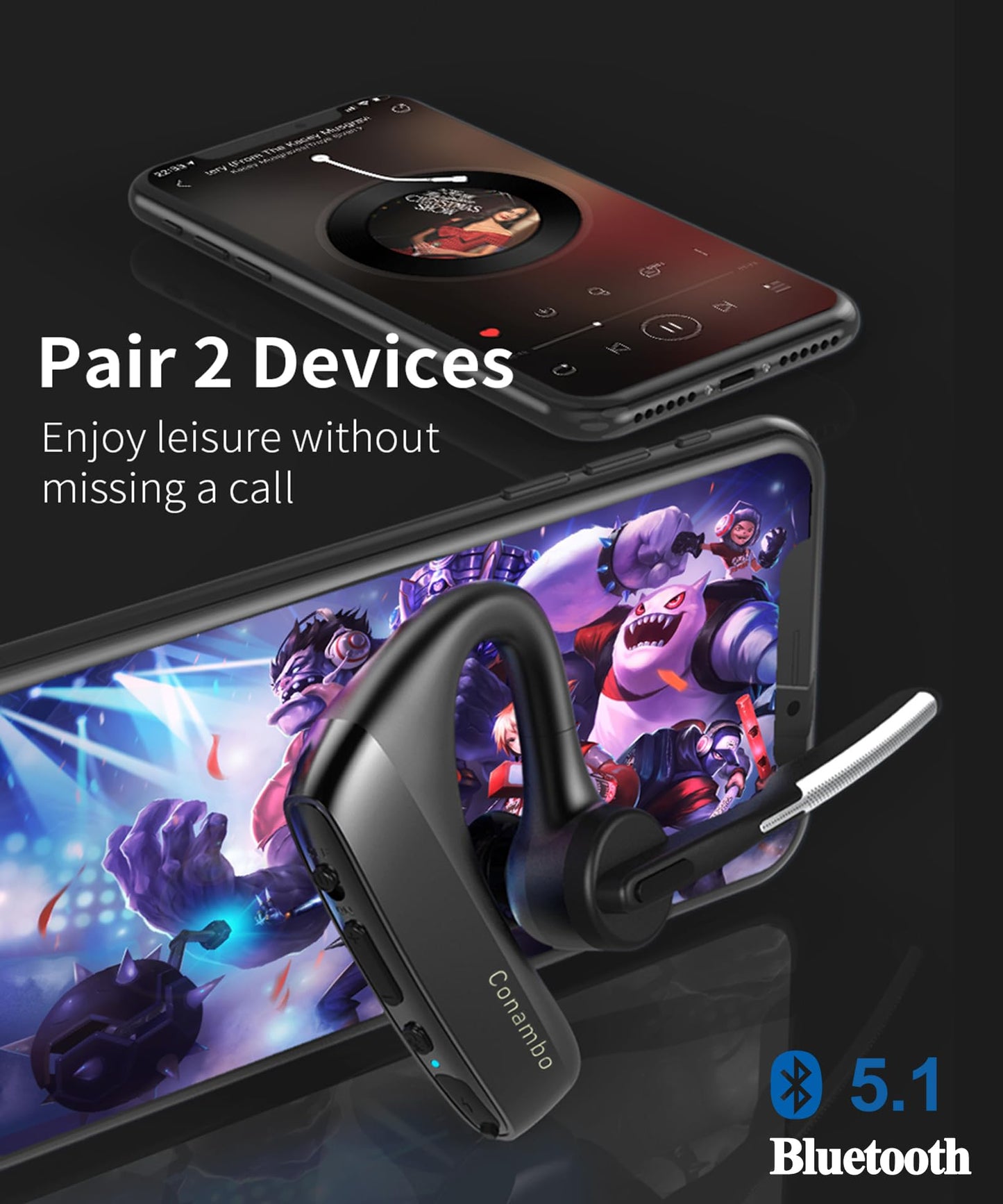 Conambo K18 Wireless Headset Bluetooth V5.1, Bluetooth Earpiece 16 Hrs Talking Time Hands-Free Single Ear Bluetooth Headset with Dual Mic Noise