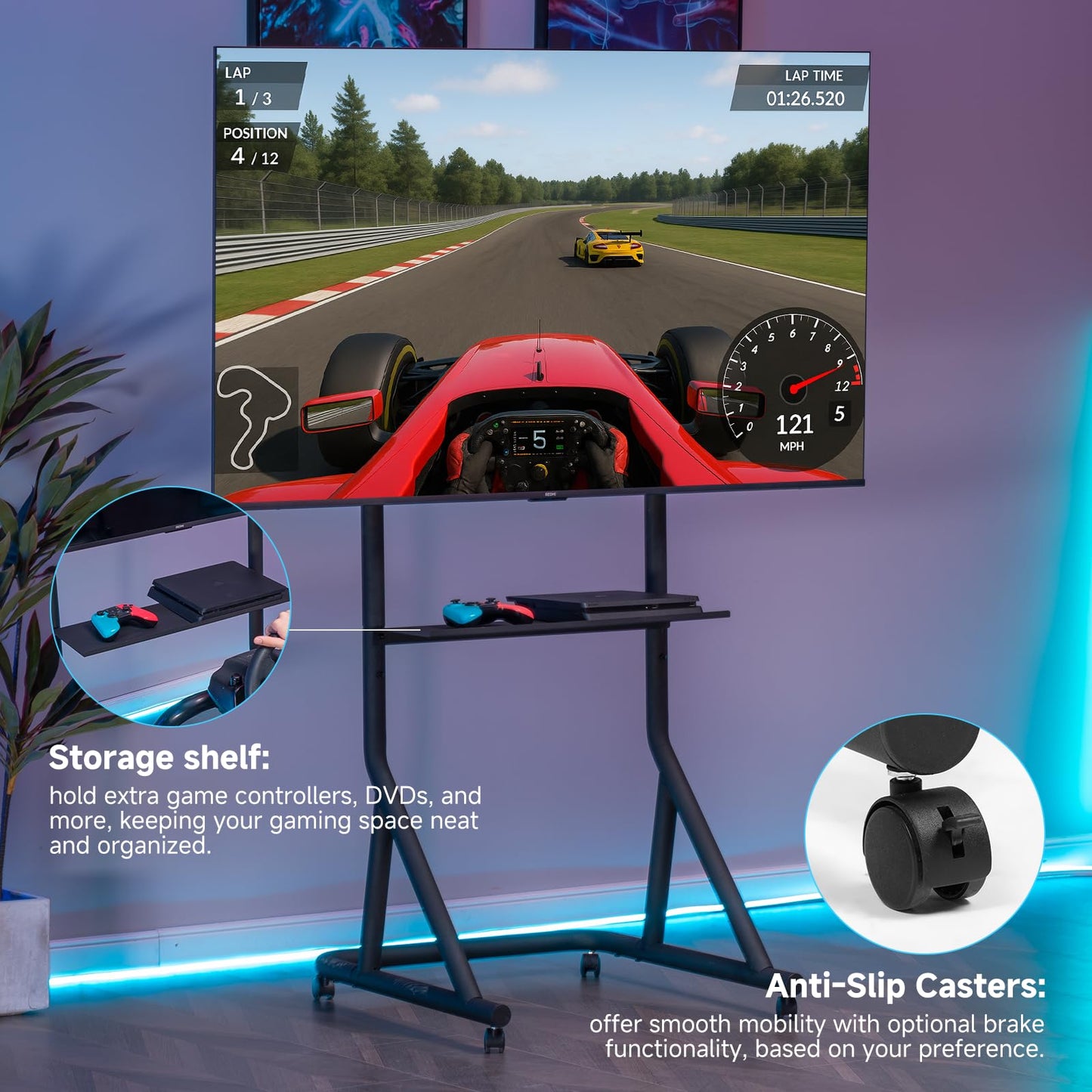 GTPLAYER Monitor Stand Mobile TV Stand with Adjustable Height for 32-65 Inch Display TV Mount Fit for Racing Wheel Stand, Racing Simulator Cockpit