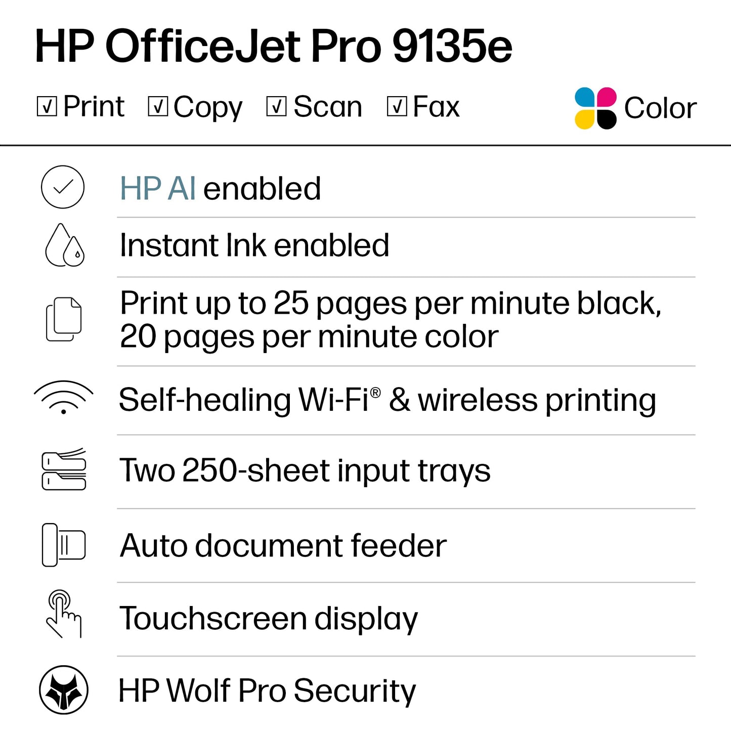 HP OfficeJet Pro 9135e Wireless All-in-One Color Inkjet Printer, Print, scan, Copy, fax, ADF, Duplex Printing Best-for-Office, 3 Month Instant Ink