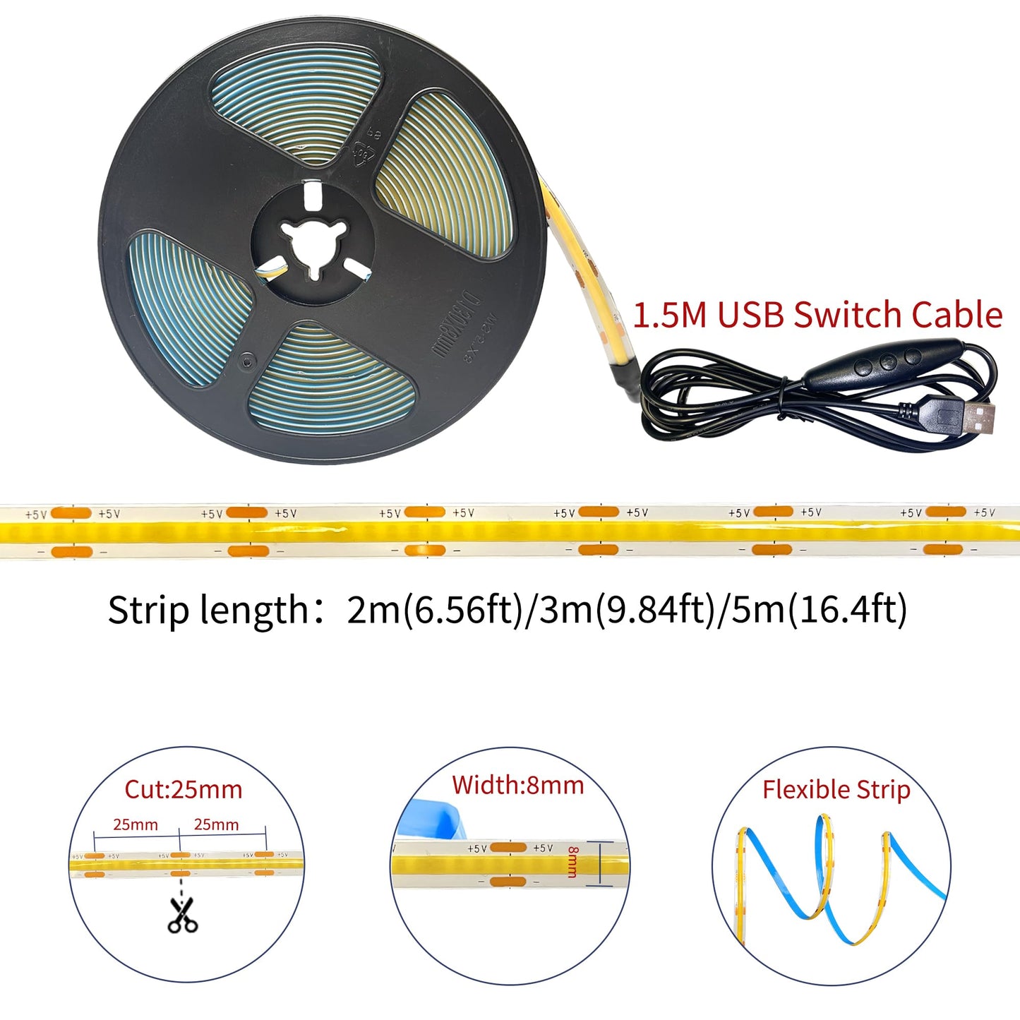 Clearhill 5V 8mm Width USB COB LED Strip Lights with Dimmable Switch,Cool White 6500K,320LEDs/M,8W/M,CRI90,6.56FT/2M,Electroplated Double-Sided Panel