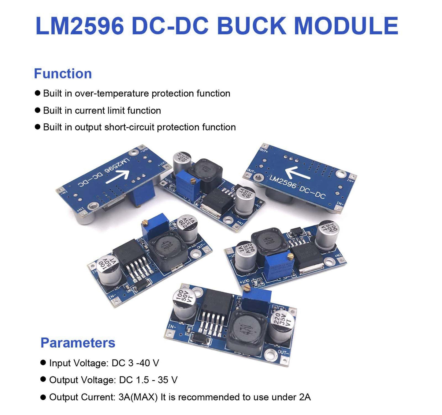 KEAcvise 2-Pack LM2596 DC-DC Buck Converter - Adjustable Step-Down Voltage Regulator 3.2V-40V Input to 1.25V-35V Output (3A Max)