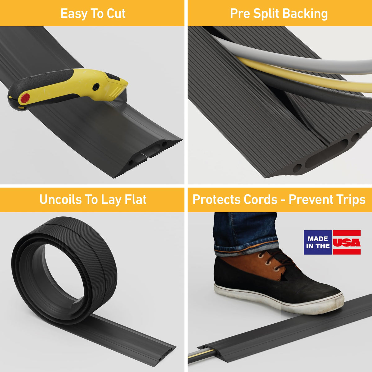 D-Line 6ft Floor Cord Cover, Made in USA Linkable Cable Protector, Hide Extension Cords, Protect Cords, Prevent Cable Trips, Cord Hider, Heavy Duty