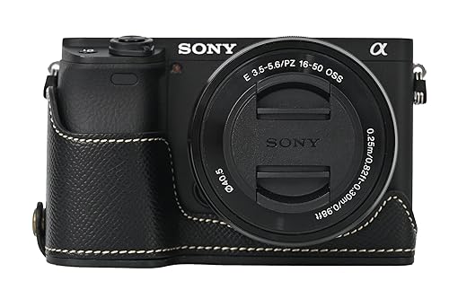 BMAOLLONGB A6400 Case, Handmade PU Carbon Fibre Leather Half Camera Case Bag Cover Bottom Opening Version for Sony Alpha A6400 With Hand Strap (Black)