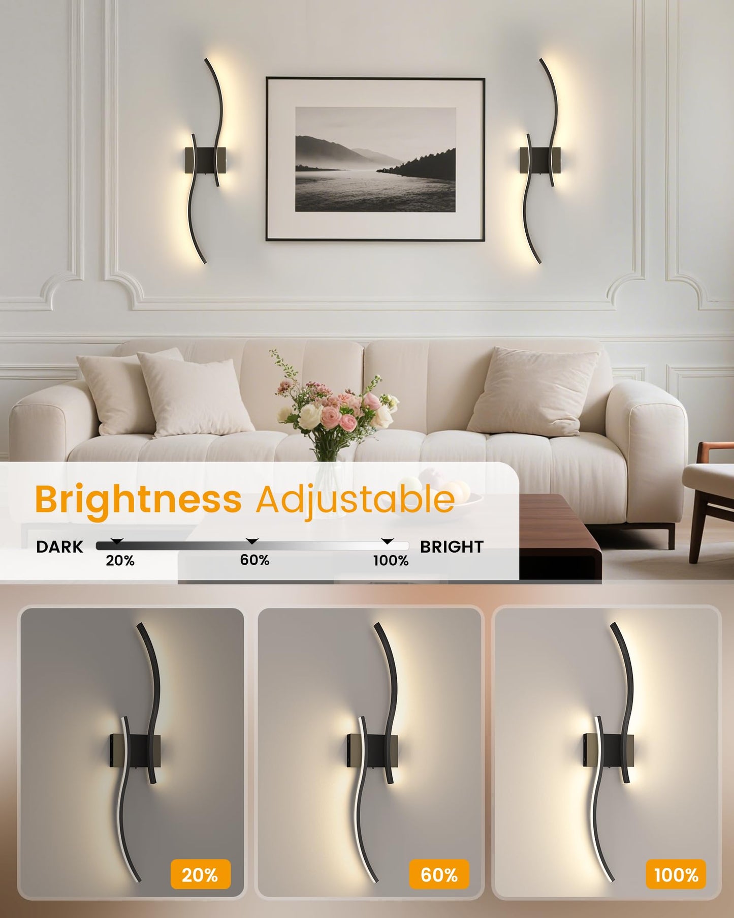 NIORSUN 27.6 Inch Battery Operated Wall Sconce Set of 2, Black Modern Rechargeable Wall Lights with Remote, 3CCT Dimmable Wireless Wall Lamp