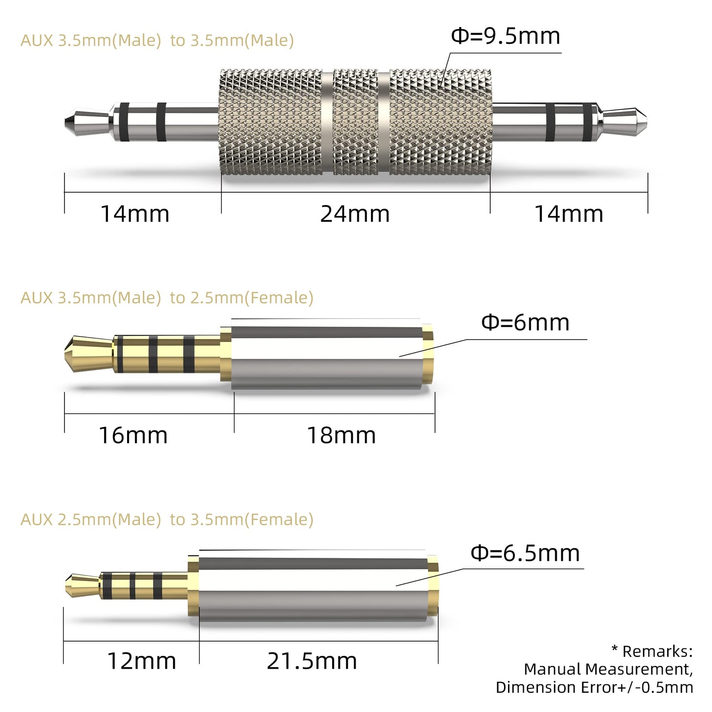 2.5mm to 3.5mm Adapter and 3.5mm to 2.5mm Adapter Male to Female Stereo Audio Connector, 3.5 to 3.5 (1/8") TRS Stereo Aux Converter Gold Plated