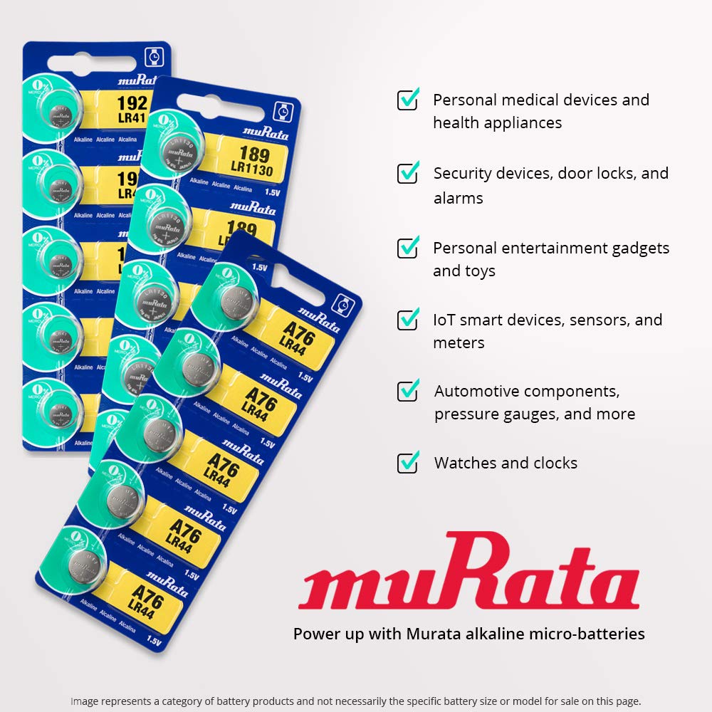 Murata LR44 Battery AG13 357A 1.55V Alkaline Button Cell (5 Batteries)
