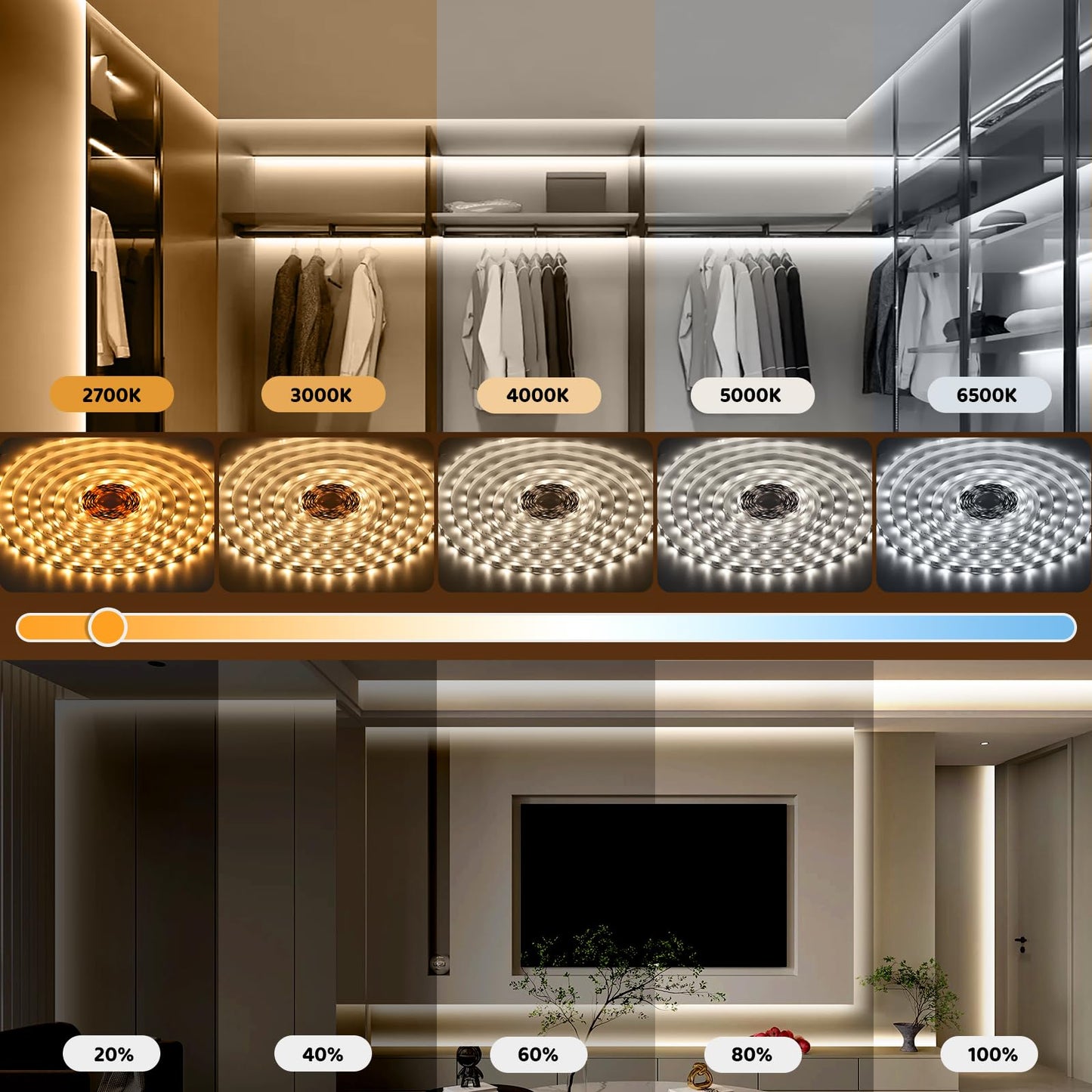 Tunable White LED Strip Light, Warm to Cool White,49.2ft Dimmable Bright LED Tape Lights with APP and Remote Control,3000K-6500K 24V Tape Light
