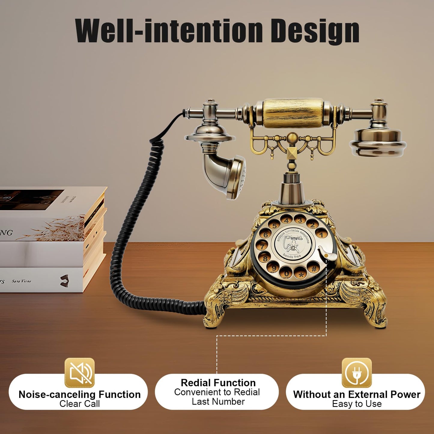 Vintage Phone with Redial Function, Retro Rotary Dial Phones with Noise-canceling Function, Resin Antique Phone Old Fashion for Cafe, Landline