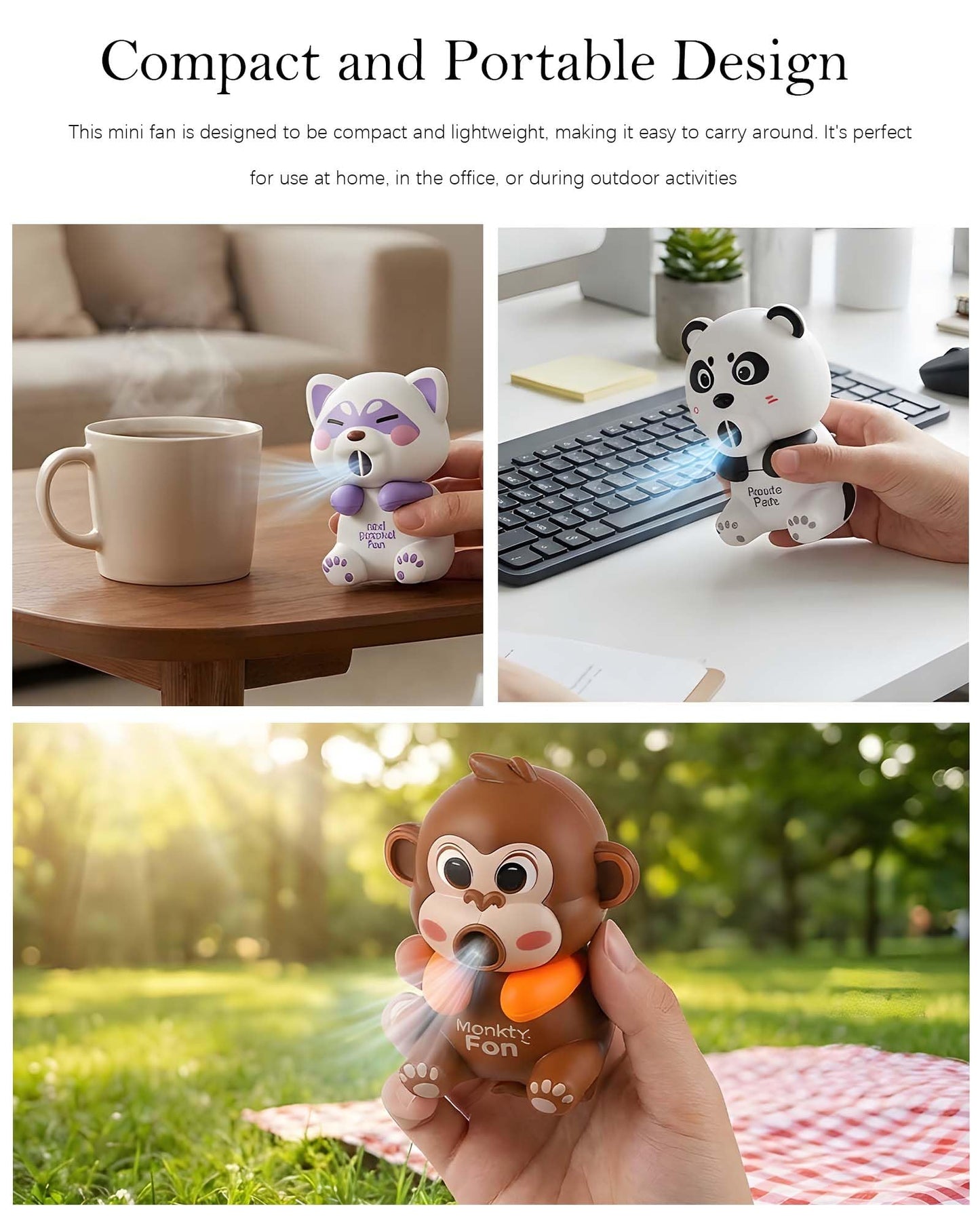 LUANTUO Cute Cartoon Animal Mini Fan - Rechargeable, Portable, and Quiet Operation for Cup Side Cooling, Home, and Outdoor Use (Monkey)