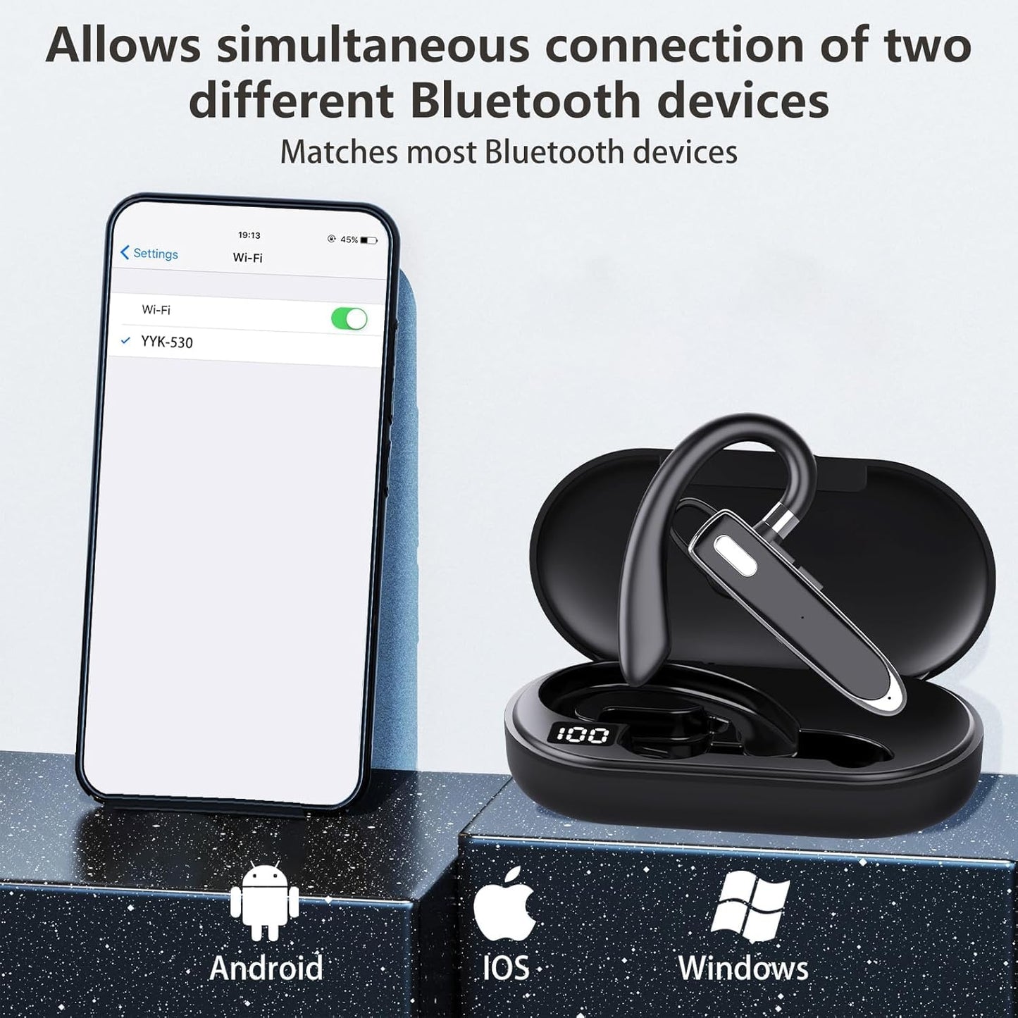 WJBCNEENT Single Ear Business Earbuds, Wireless Bluetooth Headphone with Mic, 80 Hours Standby Time Bluetooth 5.3 Earpiece for Truck/Car Driving (No
