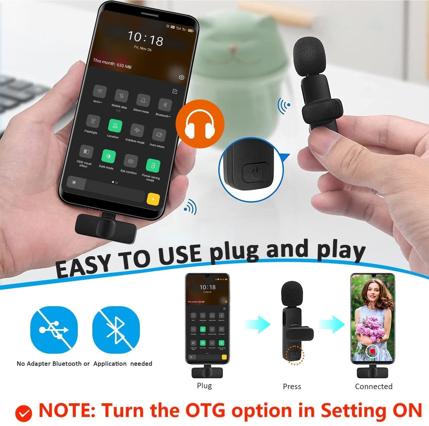 MAYBESTA Wireless Lavalier Lapel Microphone for iPhone Android Phone Laptop - Bluetooth Mini Mic with USB C Interface for YouTube Tiktok Video