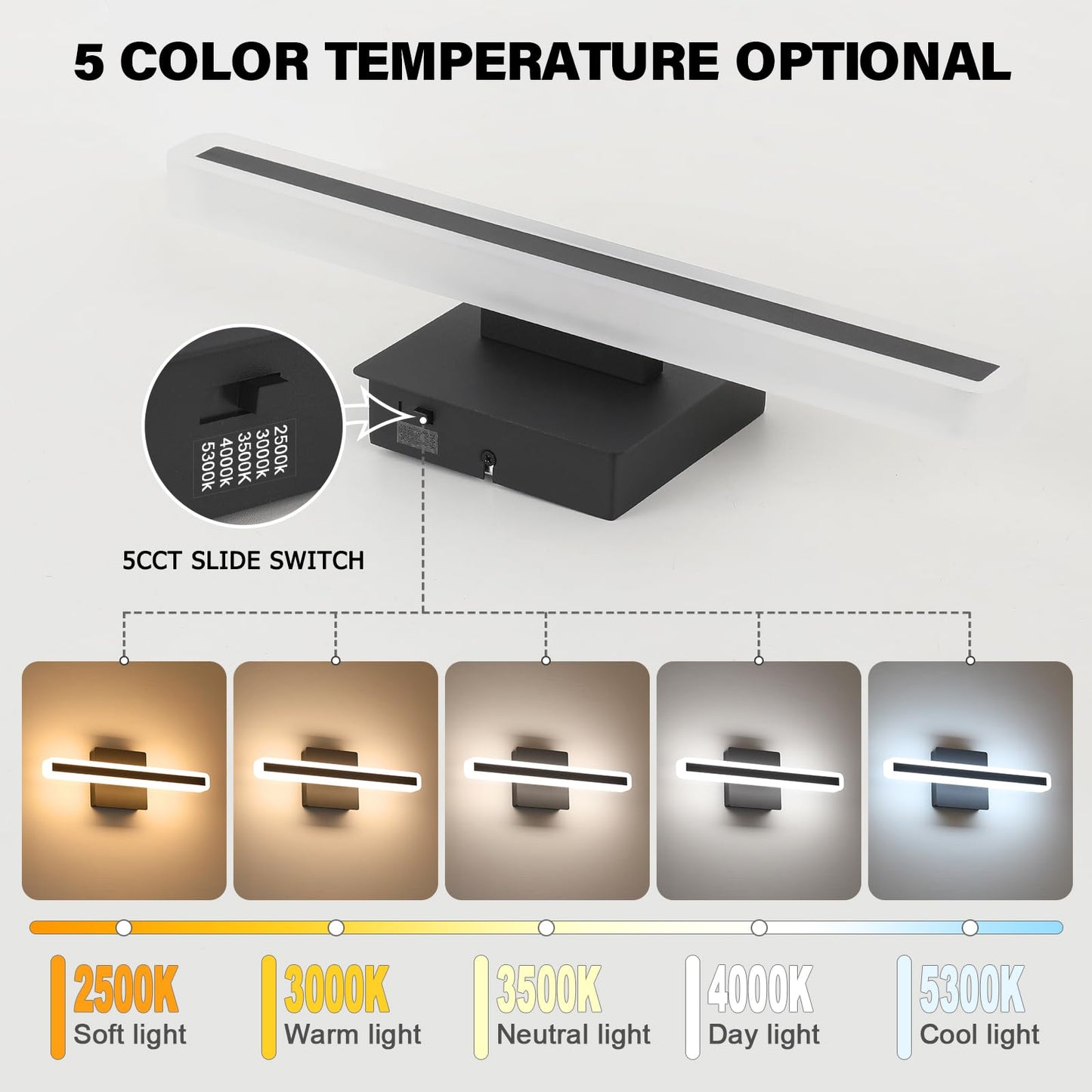 JUSHENG Black Vanity Lights for Bathroom, 5CCT Dimmable Bathroom Light Fixtures Over Mirror, Modern LED Vanity Light Bar Above Mirror 16'' Inch 16W