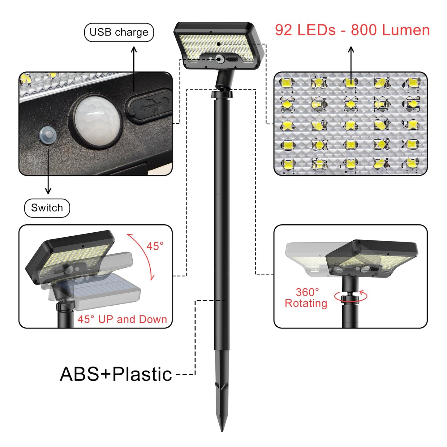 Tryme Solar Motion Lights Outdoor Waterproof 92 LEDs Bright Pathway Lights with Adjustable Angle & 3 Modes for Walkway, Driveway, Sidewalk, Garden