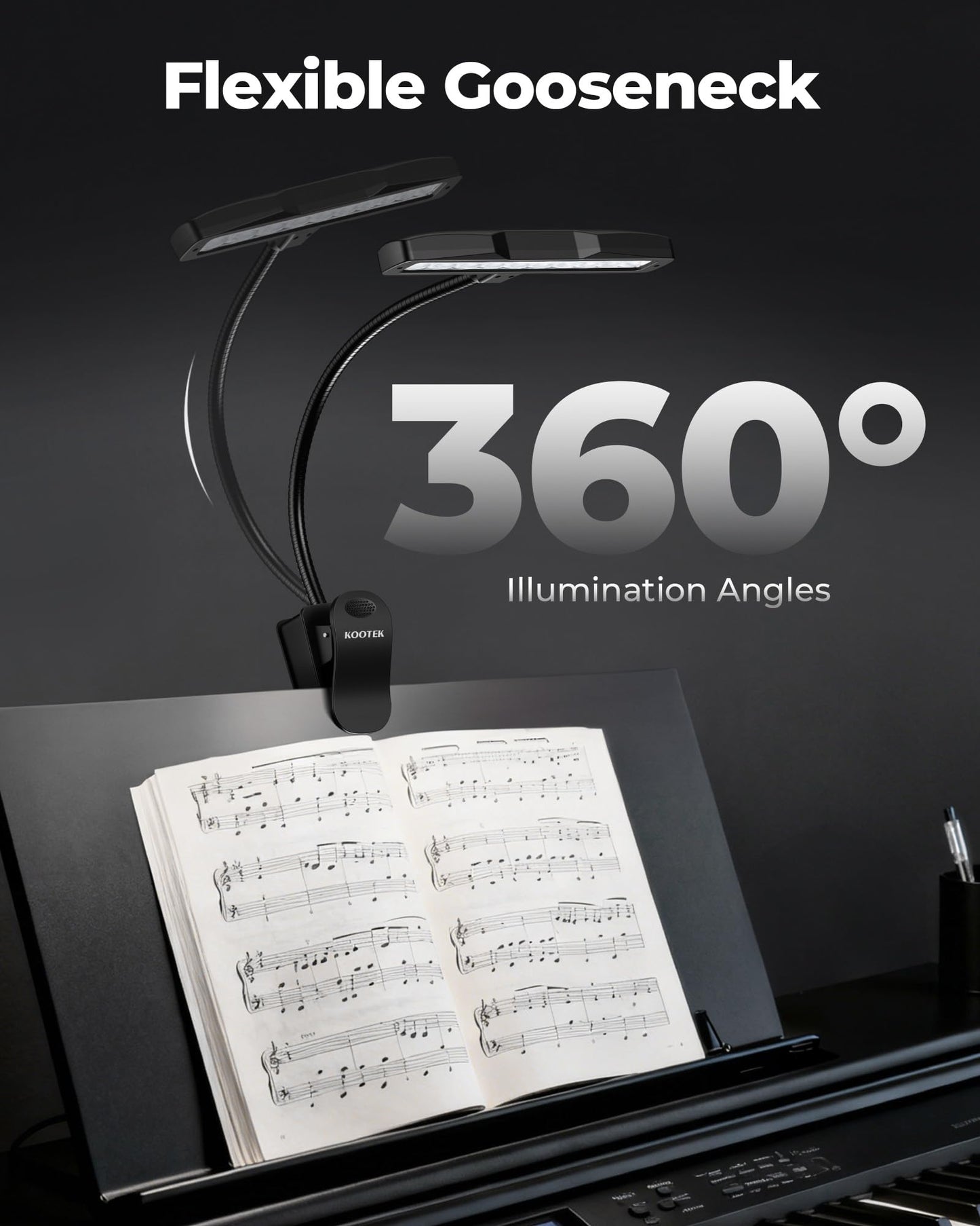 Kootek Music Stand Light, Eye Caring Clip-on Piano Lamp, 360° Flexible Gooseneck Adjustable Brightness USB Rechargeable for Sheet, Book Reading