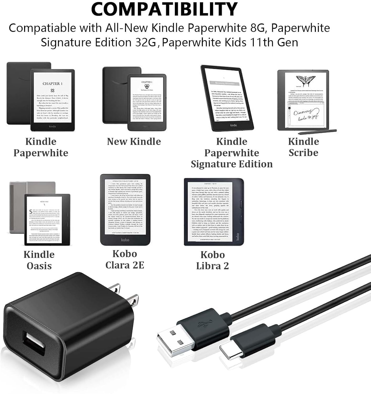 2 Pack USB Type C Charger for Kids Tablet Android 10 11 12 13 14, All-New Amazon Kindle Fire 7 8 10 Kids Pro Plus 2021 2022 2023, Paperwhite 11th 12th