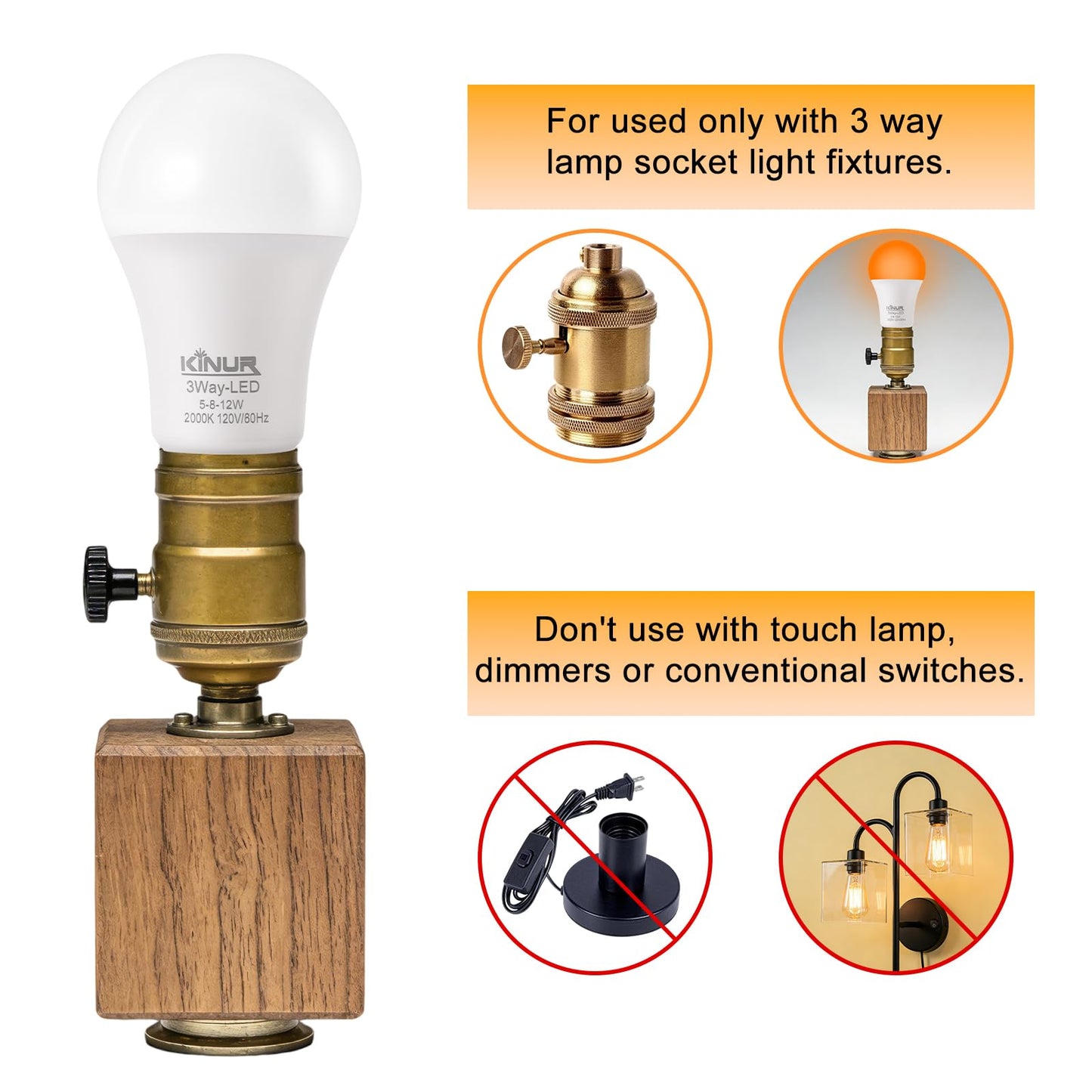 KINUR LED 3-Way Light Bulbs 30/70/100 Watt Equivalent, 5000K Daylight, A19 E26 Base, 500lm-800lm-1200lm, 3-Way Dimmable Light Bulbs for Reading