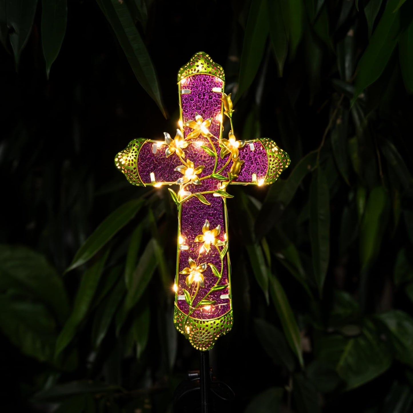 Quterhero Solar Cross Stake for Cemetery Grave, Memorial Grave Decoration with Flowers and LED Light, Outdoor Solar Cross for Lawn Garden Pathway