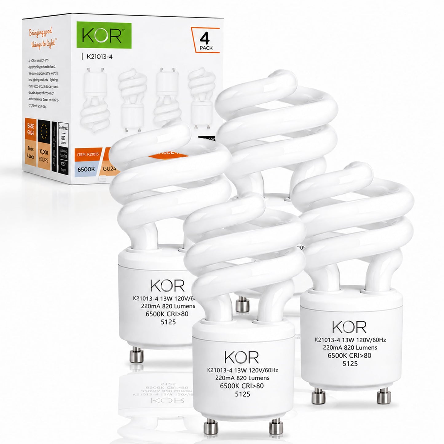 KOR GU24 CFL Light Bulbs, 13W 60W Equivalent, 5000K Bright White, 4-Pack