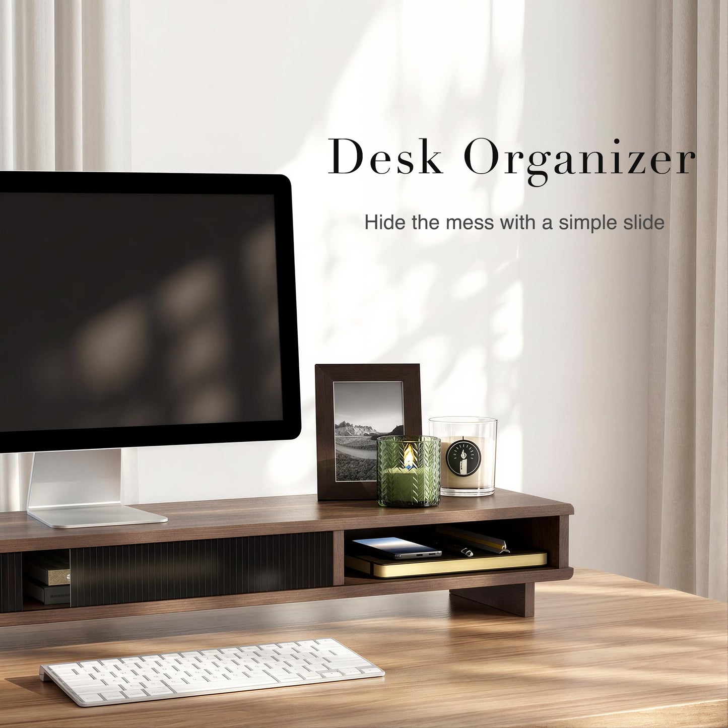 UniAbode Dual Monitor Riser with Sliding Doors & Storage - 42.5" Extra Wide Dual Monitor Stand for Desk Organizer,Desk Shelf for Office & Gaming