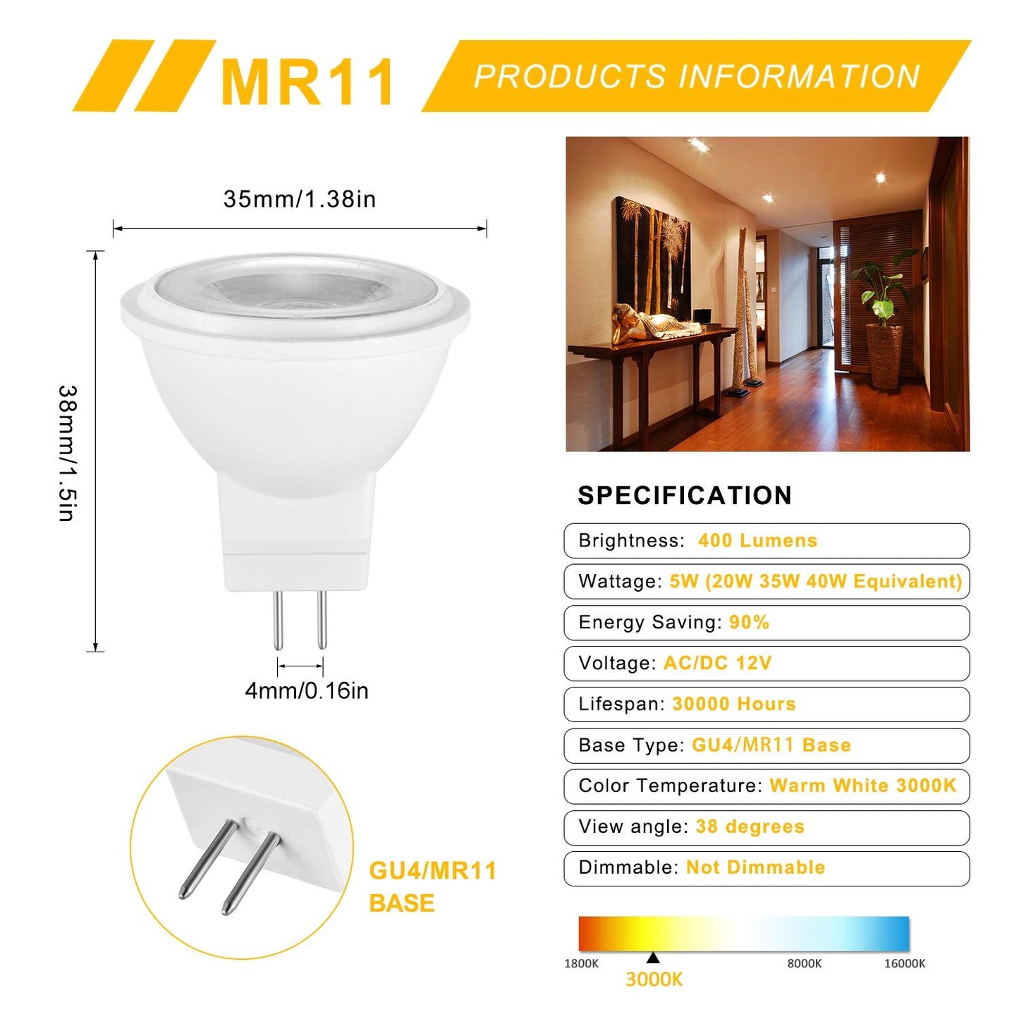 YUIIP 5W MR11 GU4 LED Light Bulbs 12V 20W 35W 40W Halogen Bulb Replacement Soft Warm White 3000K Recessed Spotlight Lamp for Landscape Track Lighting