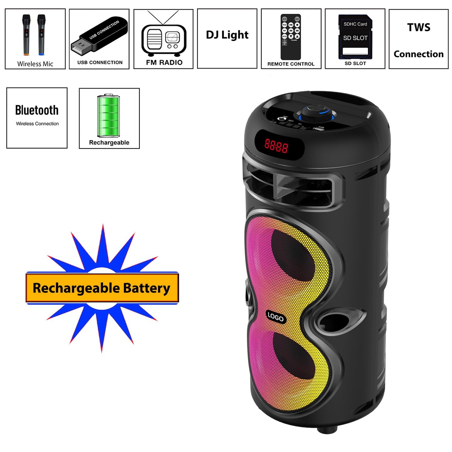 Boytone, Portable Bluetooth Party Speaker, with USB Port, RGB DJ Lights, Wireless Stereo, TWS Pairing, for Home Parties and Outdoor Entertainment