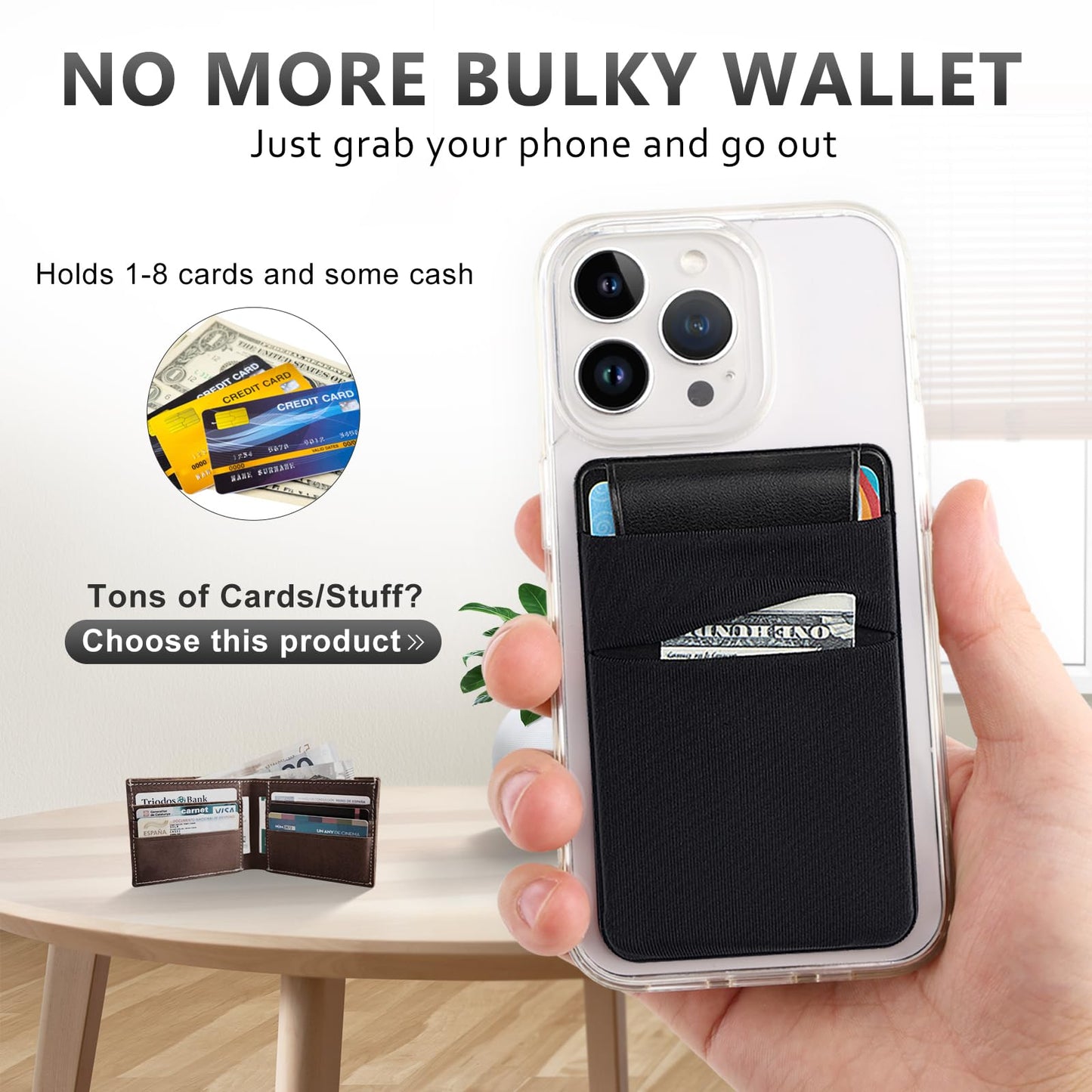 Phone Card Holder,2Pack Phone Wallet Stick on Credit Card Holder for Phone Case Stretchy Double Pocket with Flap,Adhesive Sticker for Back of Phone