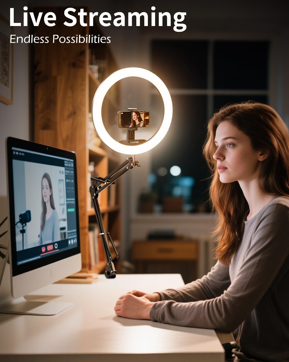 UBeesize 12’’ Ring Light with Overhead Phone Mount, LED Selfie Light with Stand and Phone Holder for iPhone and Laptop, Desk Light for Video