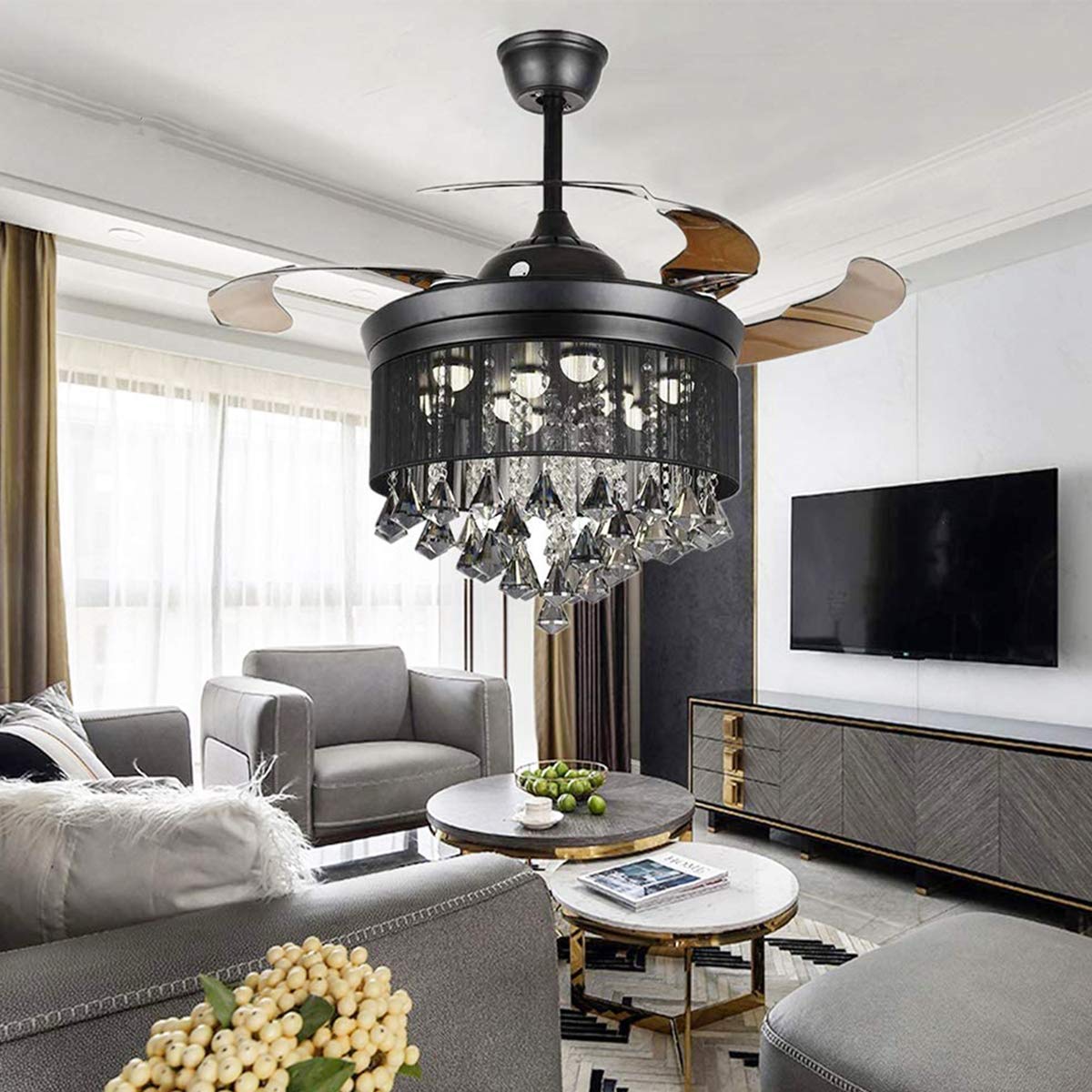 Cretifity 42 inches Crystal Black Ceiling Fan with Light, Round Drum Crystal Chandelier Fan with Retractable Blade, Timing 3 Speeds 3 Colors Change