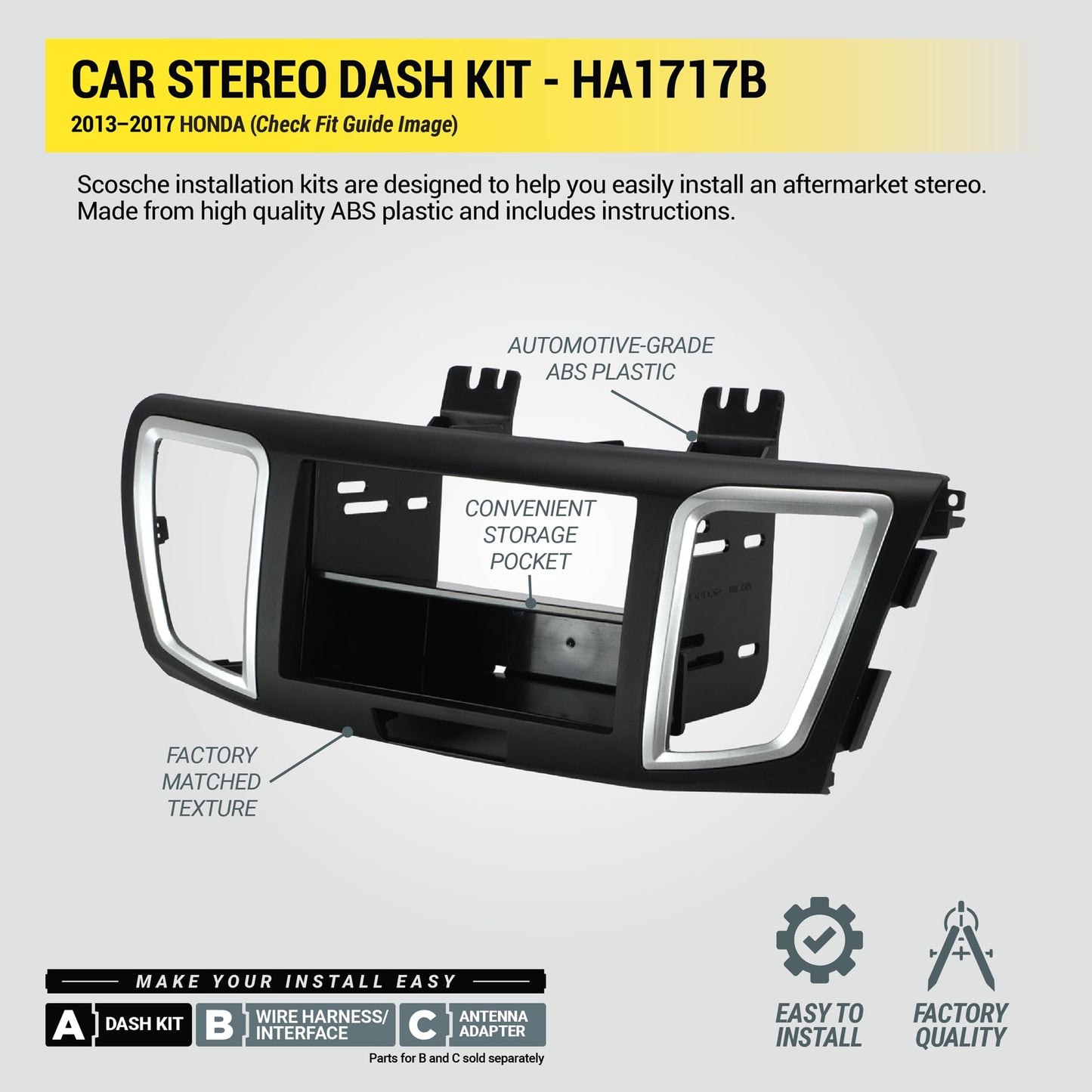 Scosche HA1717B Compatible with 2013-17 Honda Accord ISO Double DIN & DIN+Pocket Dash Kit Black