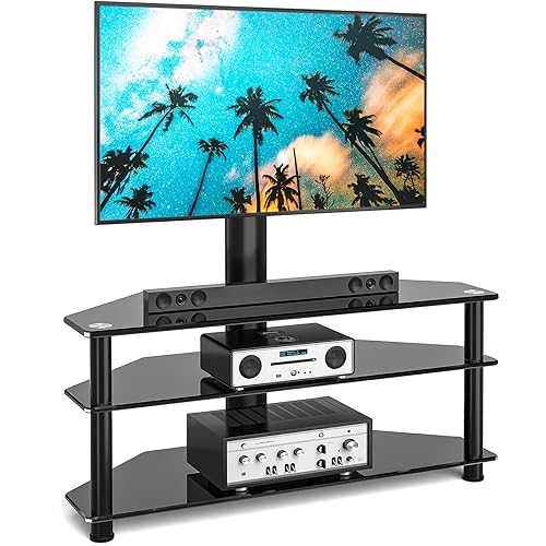 Rfiver Corner Swivel Glass TV Stand with Mount for 32-70 Inch Screen TV up to 110lbs, Height Adjustable Corner TV Stand with Mount, Entertainment
