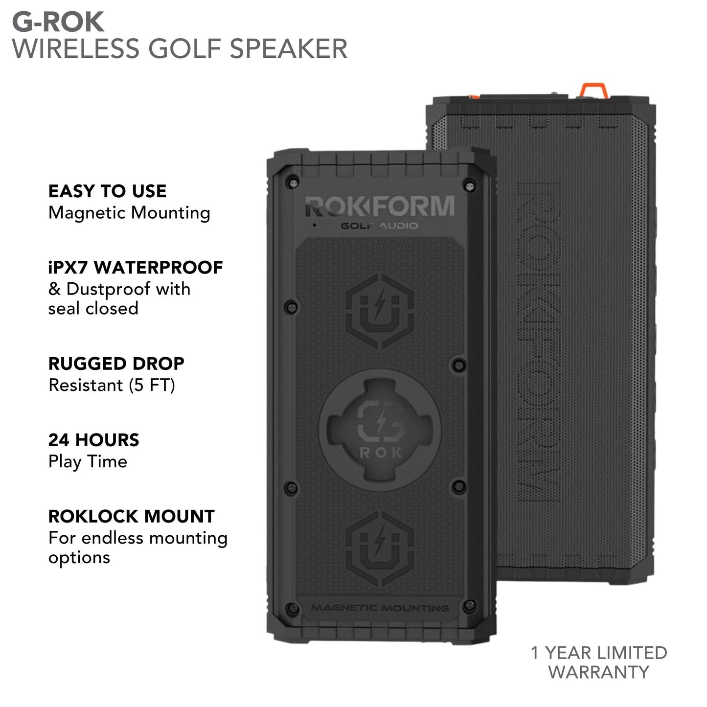 Rokform G-ROK Wireless Golf Speaker, Portable Magnetic, IPX7 Waterproof, Shockproof & Dustproof, Loud & Clear Sound, 24 Hour Battery, Rugged Outdoor