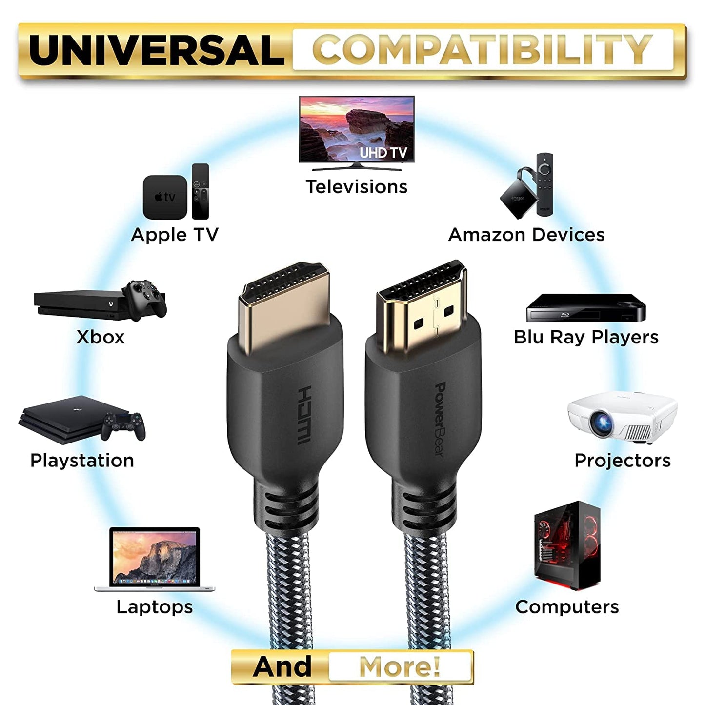 PowerBear 4K HDMI Cable 10 ft | High Speed Hdmi Cables, Braided Nylon & Gold Connectors, 4K @ 60Hz, Ultra HD, 2K, 1080P, ARC & CL3 Rated | for Laptop
