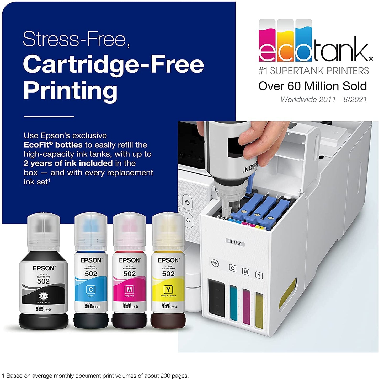Epson EcoTank Wireless Color All-in-One Cartridge-Free ET-3850 Supertank Inkjet Printer for Home Office, Scanner, Copier, ADF and Ethernet, Mobile