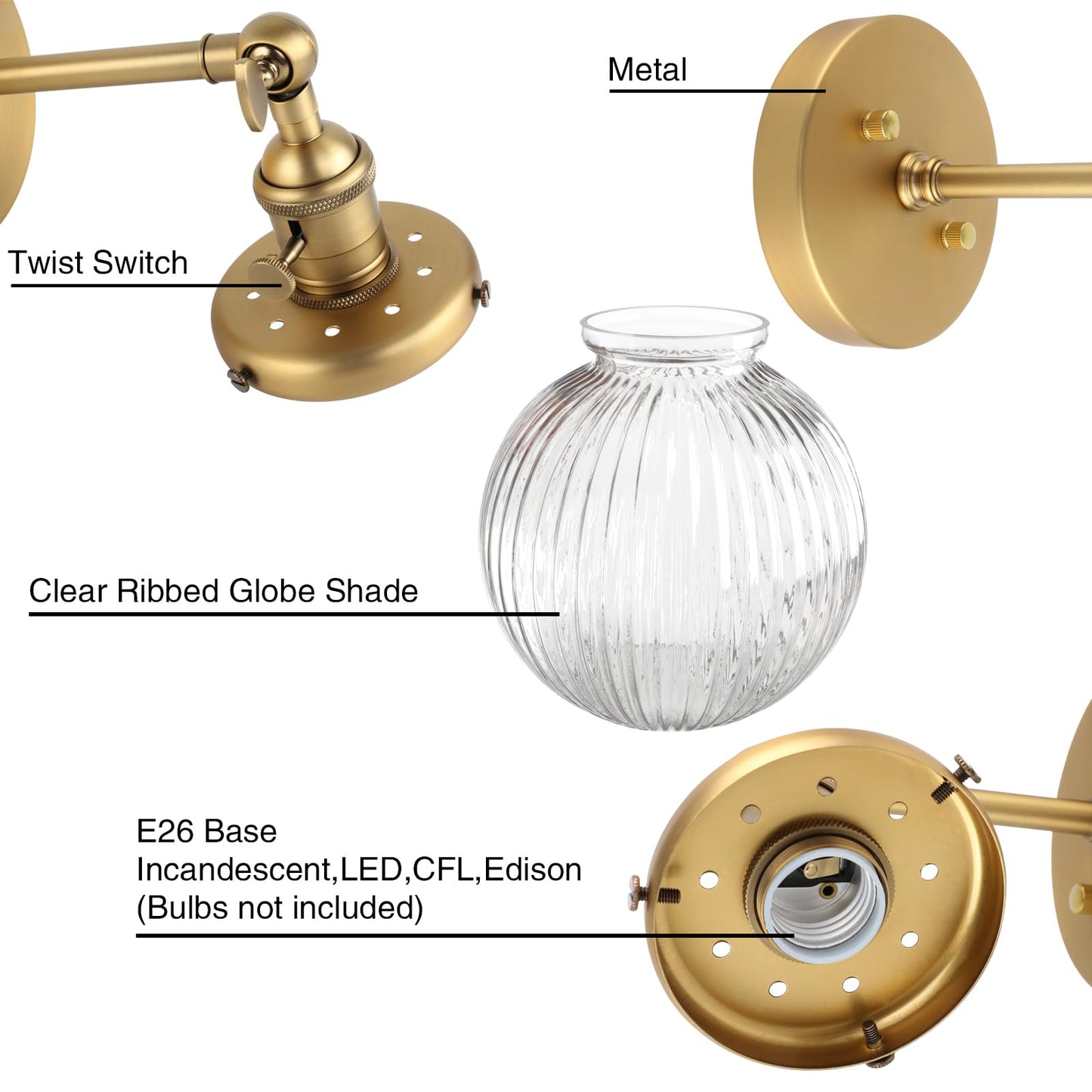 PERMO Vintage Industrial Wall Sconce Lighting Fixture with Mini 5.9" Round Clear Globe Ribbed Glass Shade (Antique Brass Gold)