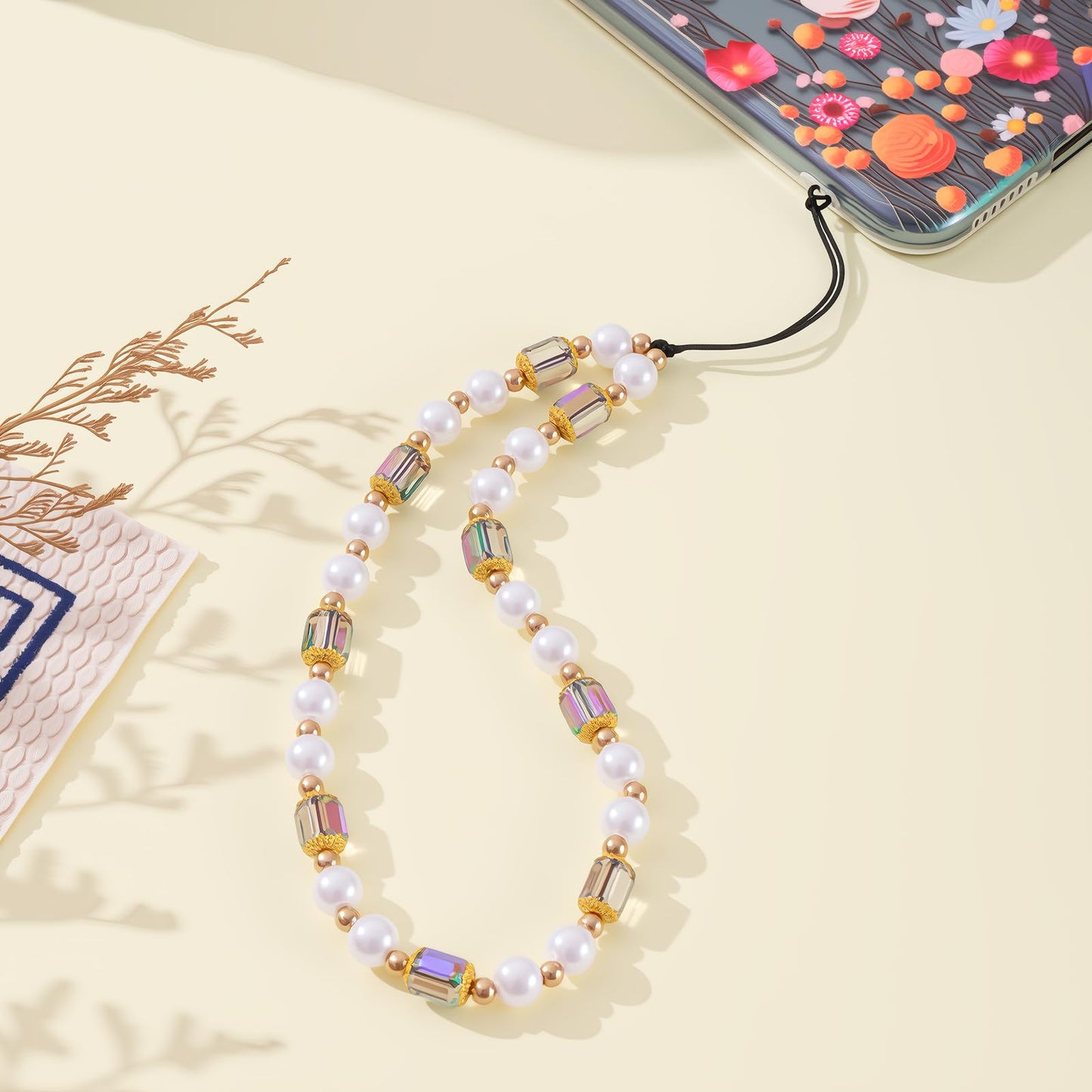 JINYRSOC Beaded Pearl Phone Wrist Strap, Cute Wristlet Charms Handmade Camera Lanyard Beaded Chain for Cell Phone Digital Camera Bag Keychain