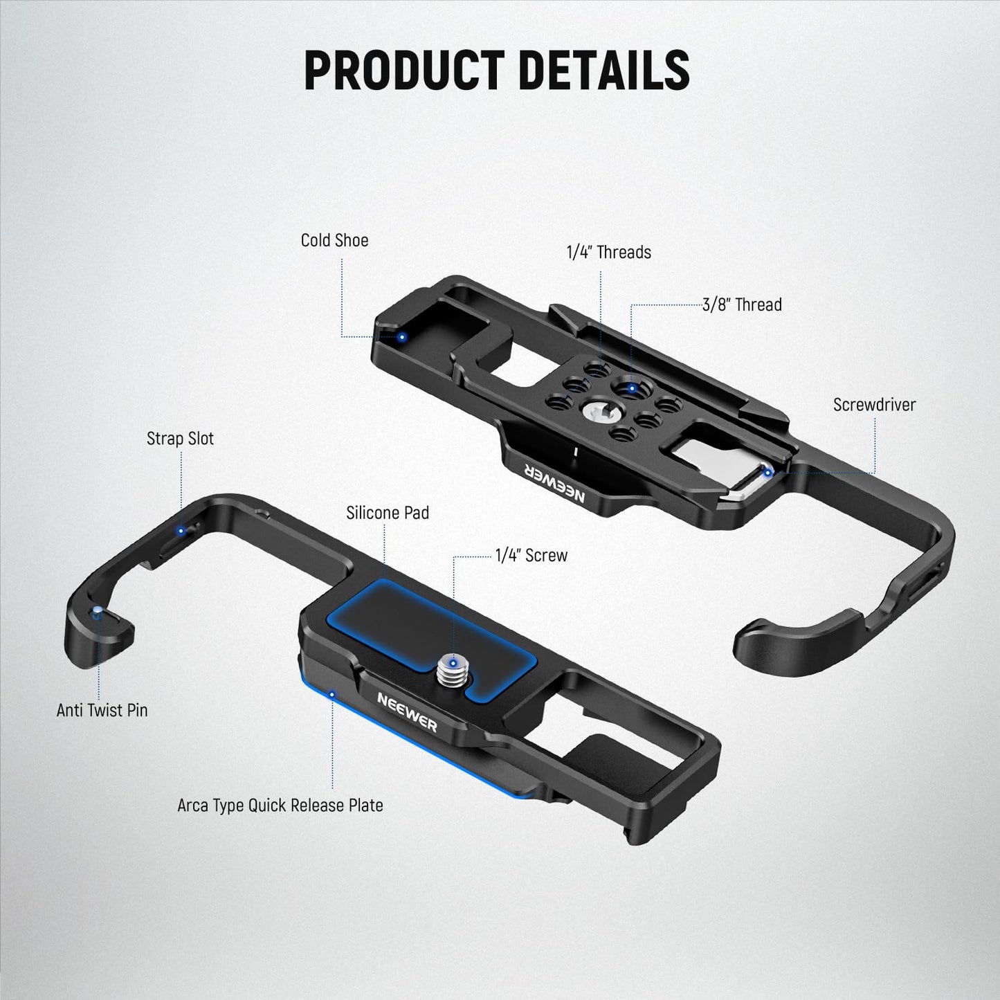 NEEWER A7 IV A7R IV A7R V A7S III Camera Baseplate, Bottom Mount Plate with Arca Type QR Base, 1/4" & 3/8" Threads, Cold Shoe, Compatible with Sony