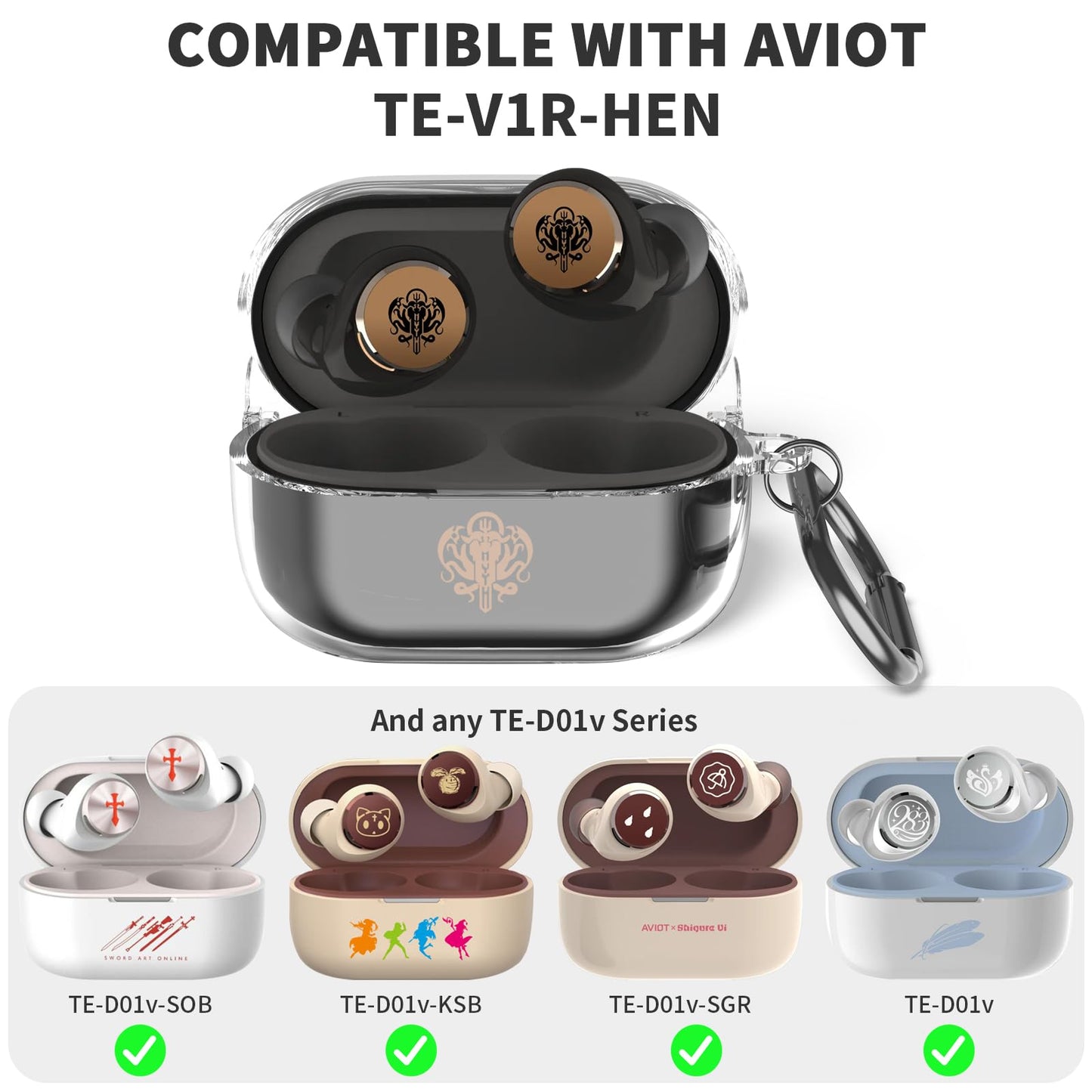for Aviot TE-V1R-HEN Hololive Case Cover, Clear Soft TPU Protective Case Cover, Compatible with AVIOT TE-V1R-Hen Hololive Charging Case with Carabiner
