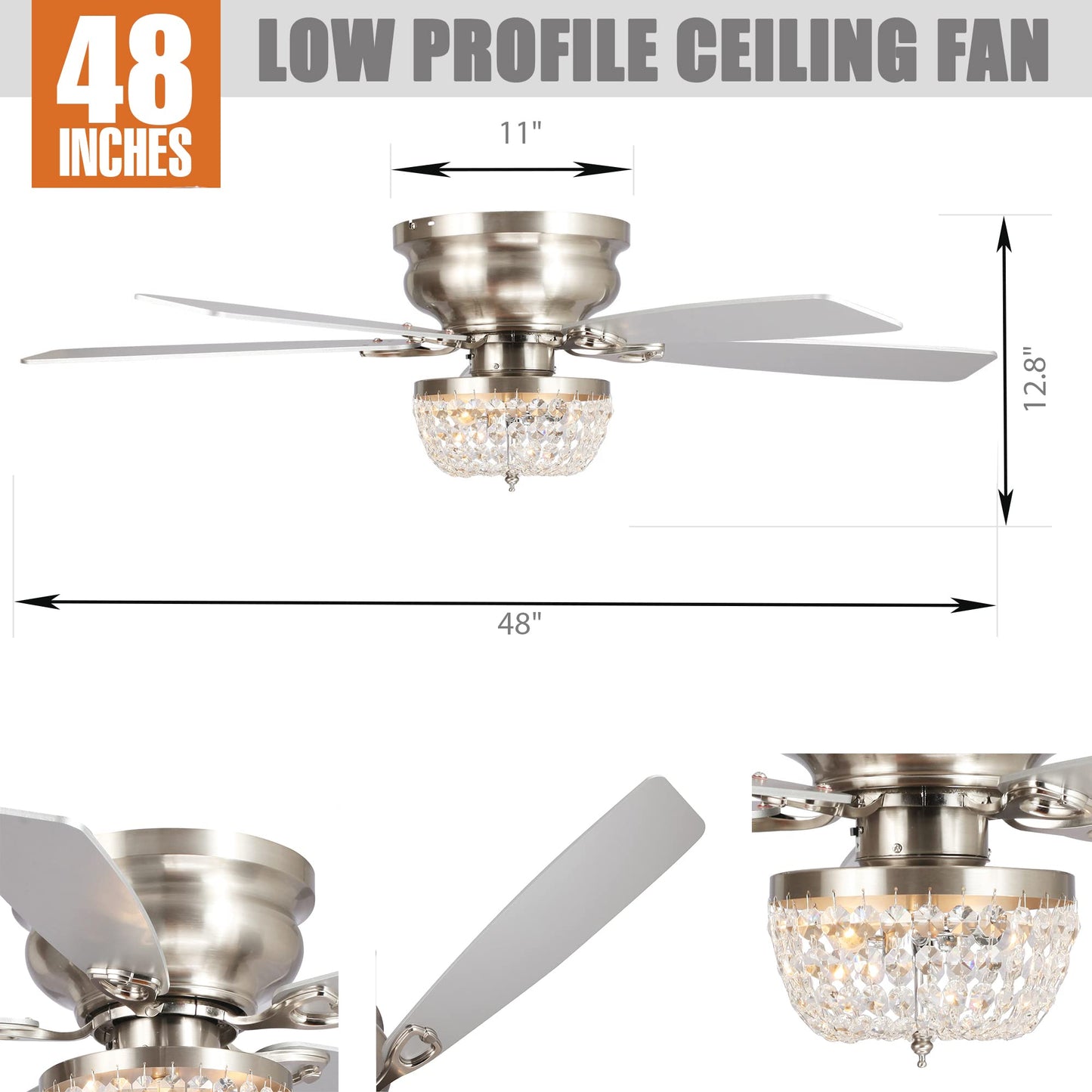 48 Inch Ceiling Fan with Light and Remote, Flush Mount Crystal Ceiling Fan
