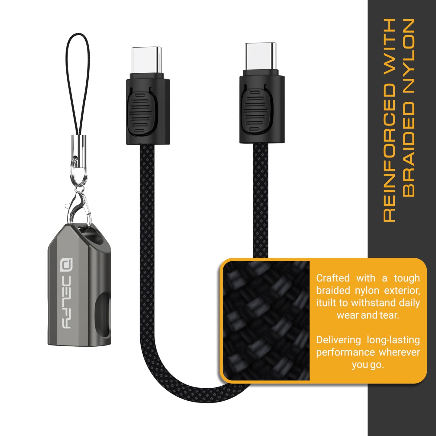 Delfy USB-C to USB-C Keychain Short Cable - 8 Inch Braided Emergency Charger with Zinc Alloy Metal Housing - Compact USB-C Cable for MacBook, iPhone