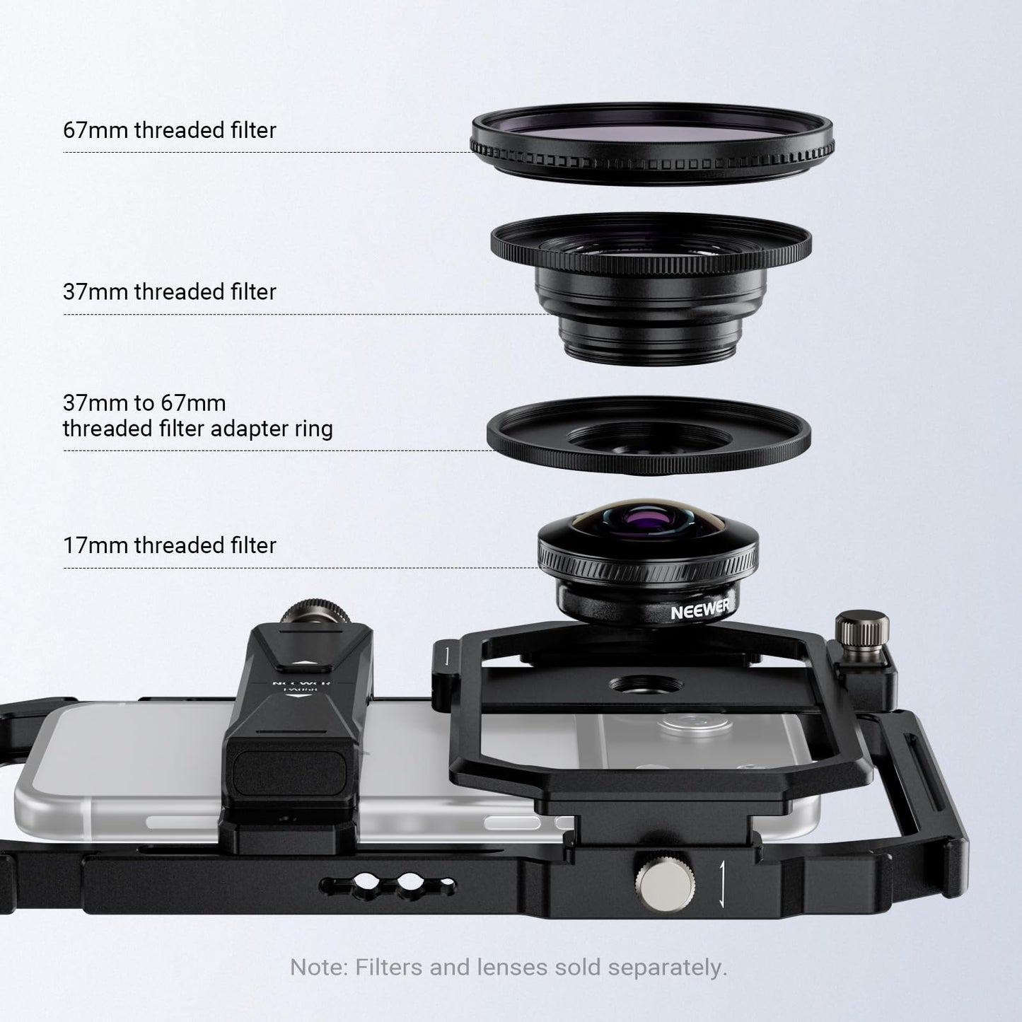 NEEWER Universal Phone Cage Video Rig Stabilizer with 17mm to 37mm & 67mm Lens Filter Adapter Ring Accessories Compatible with iPhone Android Samsung