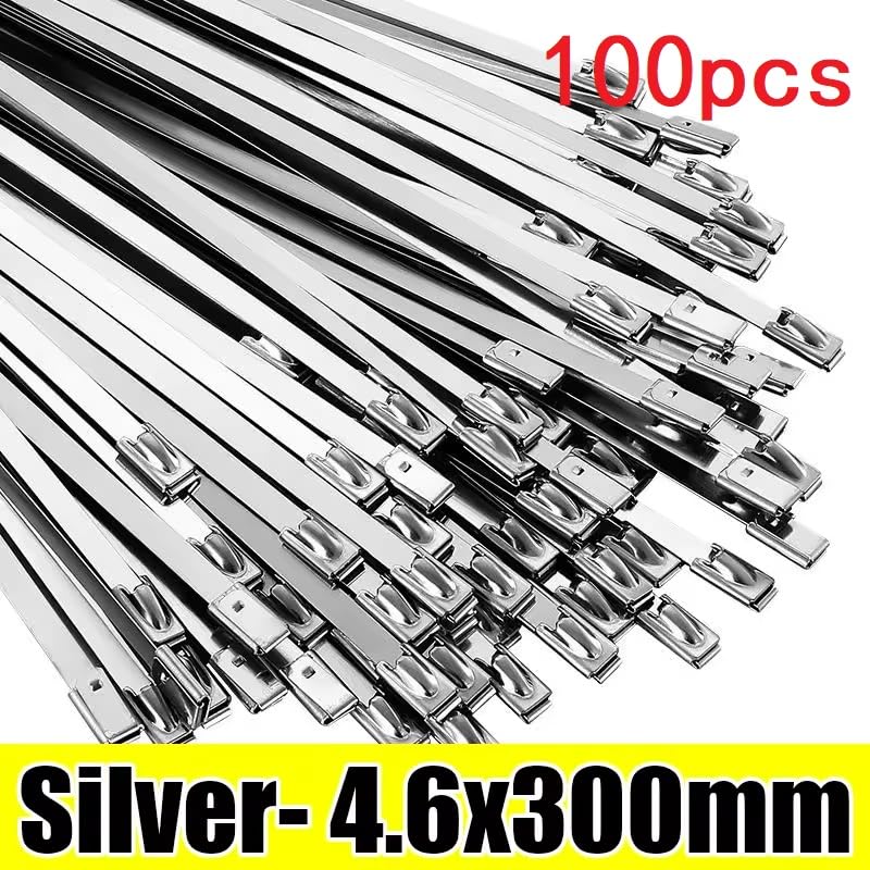 100pcs 11.8"x0.18"x0.01"/(L*W*T) Multi-Purpose Stainless Steel Black Silver Cable Ties Metal Coated Self-Locking Cables Tie Heavy Duty Fastener