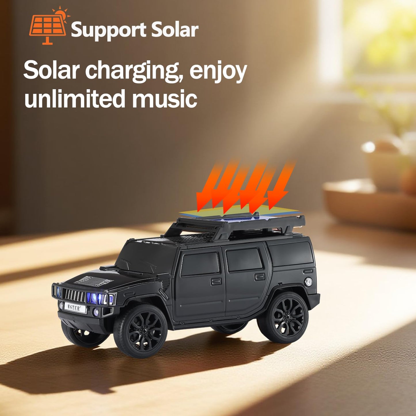 WSTER WS-696 Solar Bluetooth Replica Speaker - Portable Modern Off-Road Car Design with HD Sound, TWS, LED Party Light, USB/TF Playback, FM, Built-in
