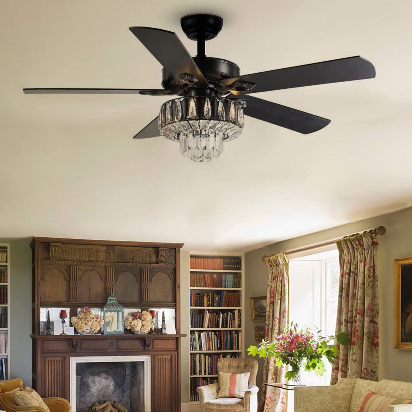 ONELLH 52'' Ceiling Fans with Lights with 3-Speed Indoor Chandelier Ceiling Fans with Crystal Lampshade, Matt Black Reversible Fandelier Fan
