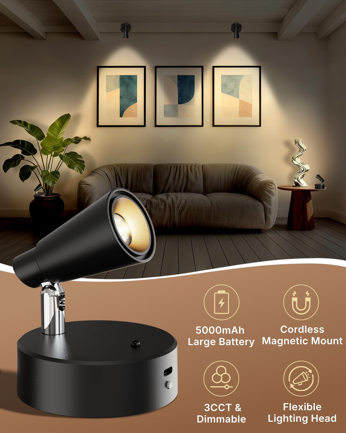 LYTARA LED Spotlights Indoor, 5000mAh Rechargeable Battery Powered Picture Lights, Dimmable&Timer, 3CCT, Cordless LED Uplights with Remote, Accent
