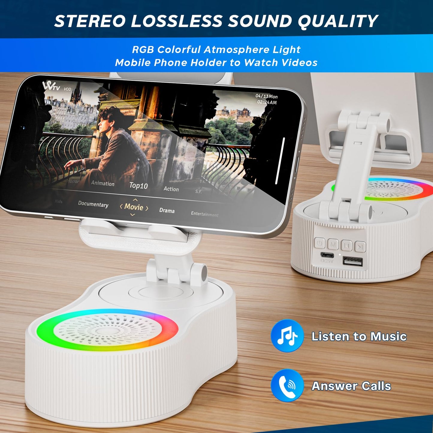 Cell Phone Stand with Bluetooth Speaker - Wireless Bluetooth Speaker with 360° Rotatable Phone Holder, Multifunctional Adjustable Stand with Charging