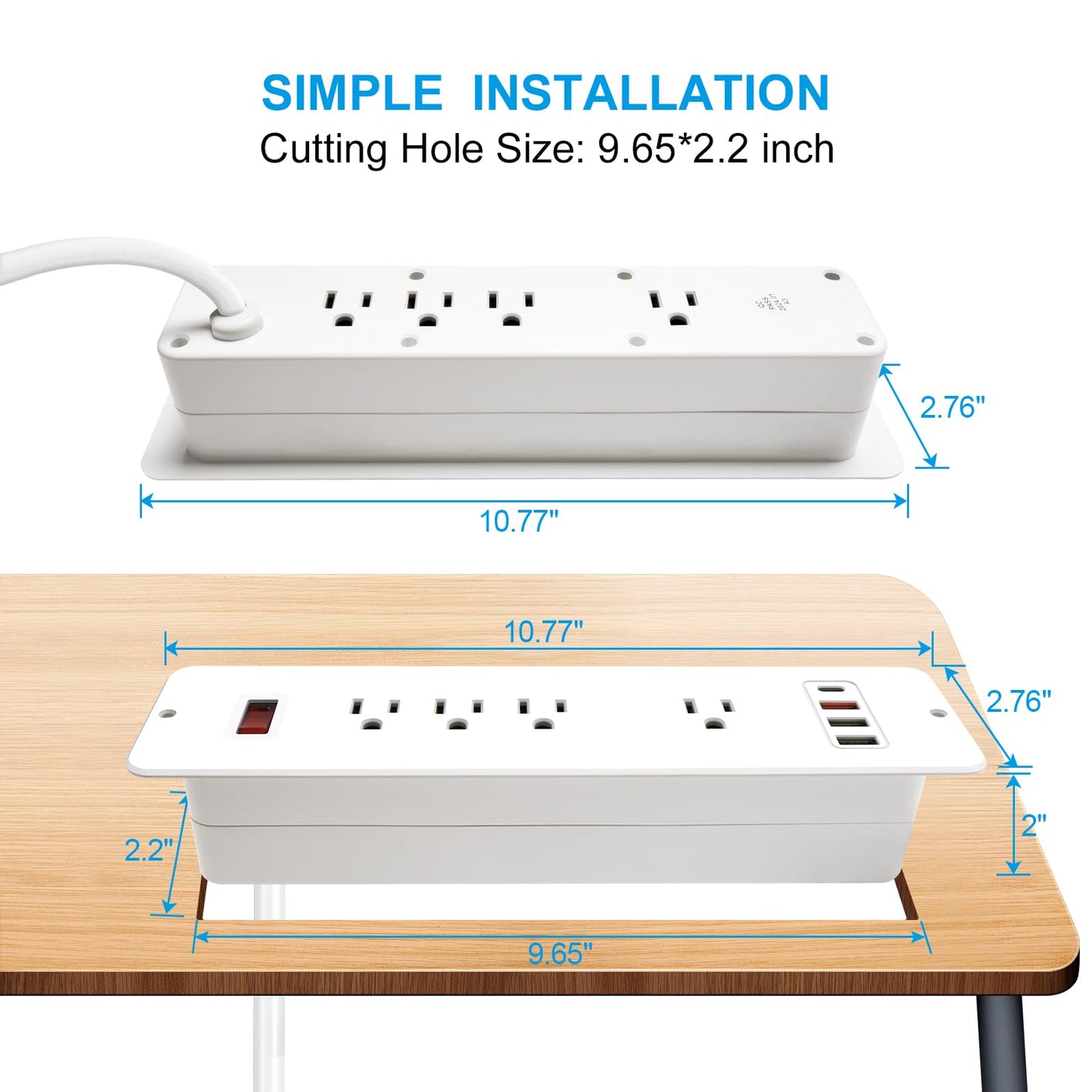 Double Side USB C Recessed Power Strip,Countertop Plugs 8 Outlets 4 USB Ports, PD 20W Flush Mount Desk Plug Station Flat Plug Mountable Power Socket